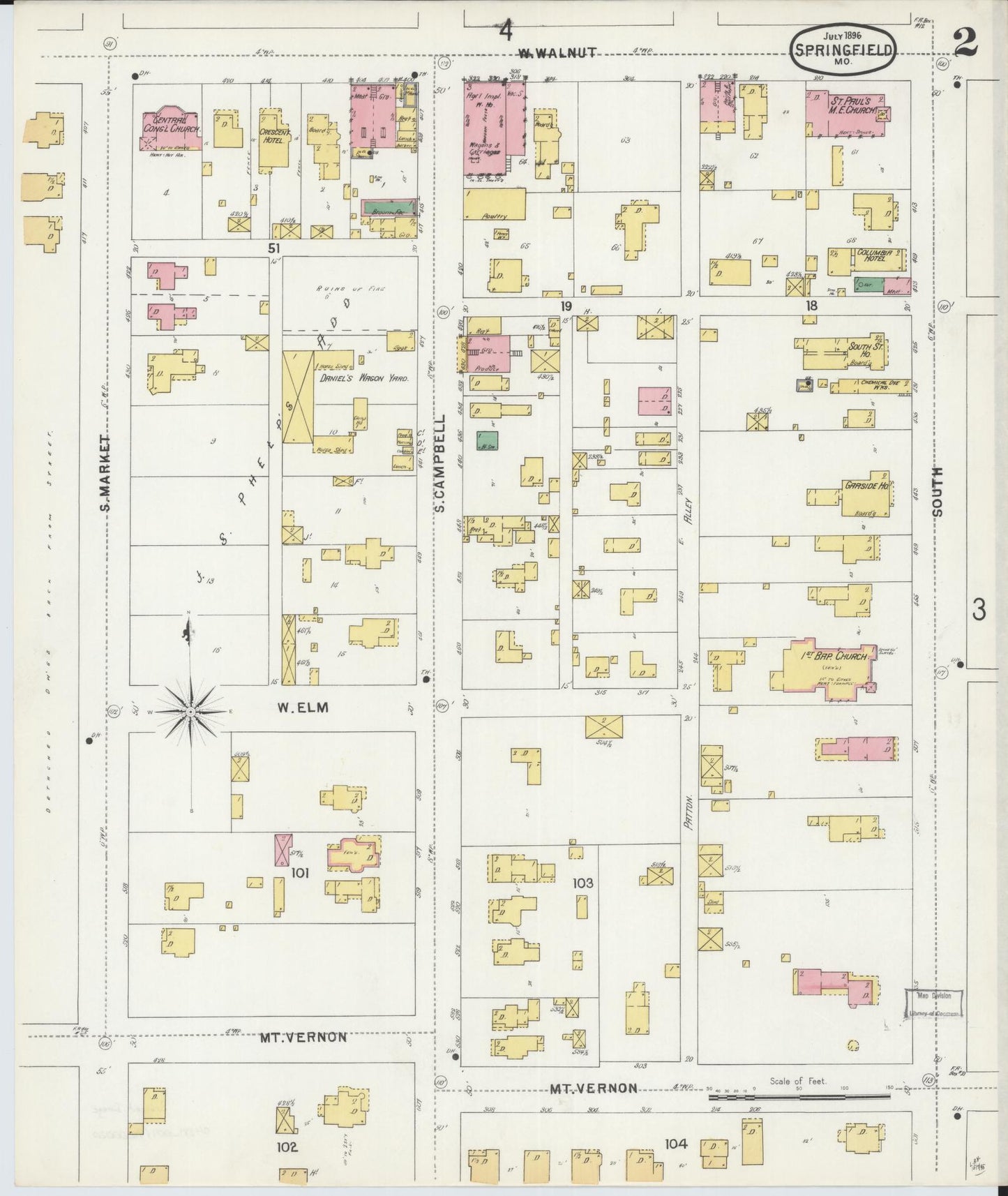 Sanborn Fire Insurance Map from Springfield, Greene County, Missouri (1896), Sheet #0002 - Historic Sanborn Fire Insurance Map Print, vintage old map wall art, antique decor, genealogy gift, Missouri Missouri map