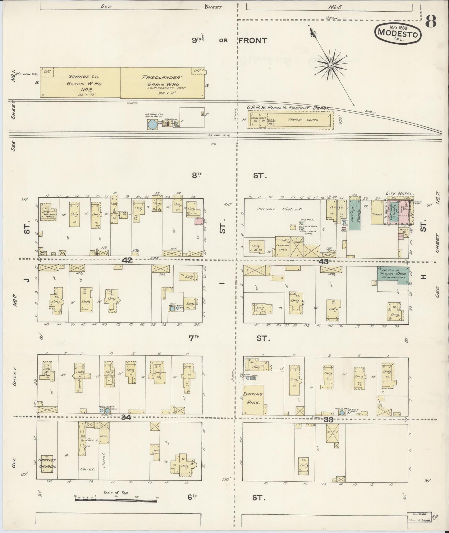 Sanborn Fire Insurance Map from Modesto, Stanislaus County, California (1888), Sheet #0008 - Complete Map Set gallery image, historic Sanborn map, vintage wall art, California California