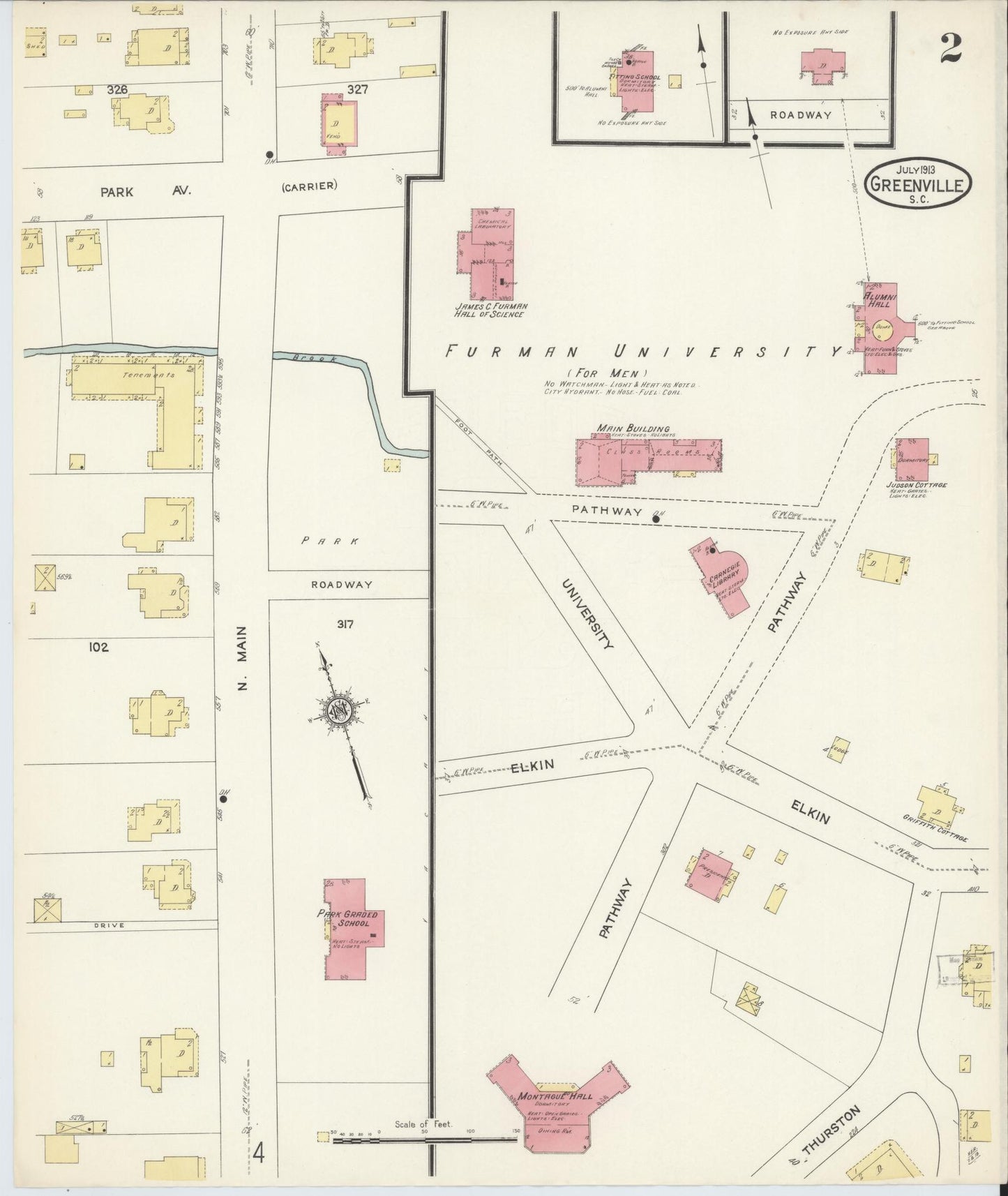 Sanborn Fire Insurance Map from Greenville, Greenville County, South Carolina (1913), Sheet #0002 - Historic Sanborn Fire Insurance Map Print, vintage old map wall art, antique decor, genealogy gift, South Carolina South Carolina map