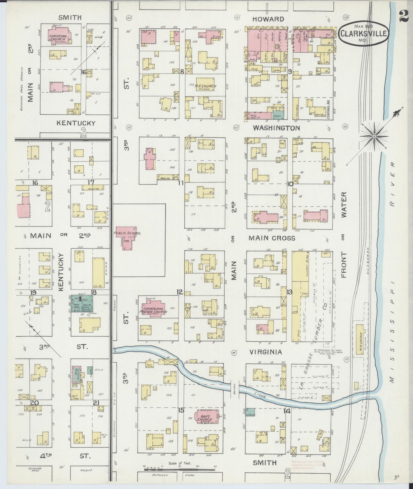Sanborn Fire Insurance Map from Clarksville, Pike County, Missouri (1893), Sheet #0002 - Historic Sanborn Fire Insurance Map Print, vintage old map wall art, antique decor, genealogy gift, Missouri Missouri map