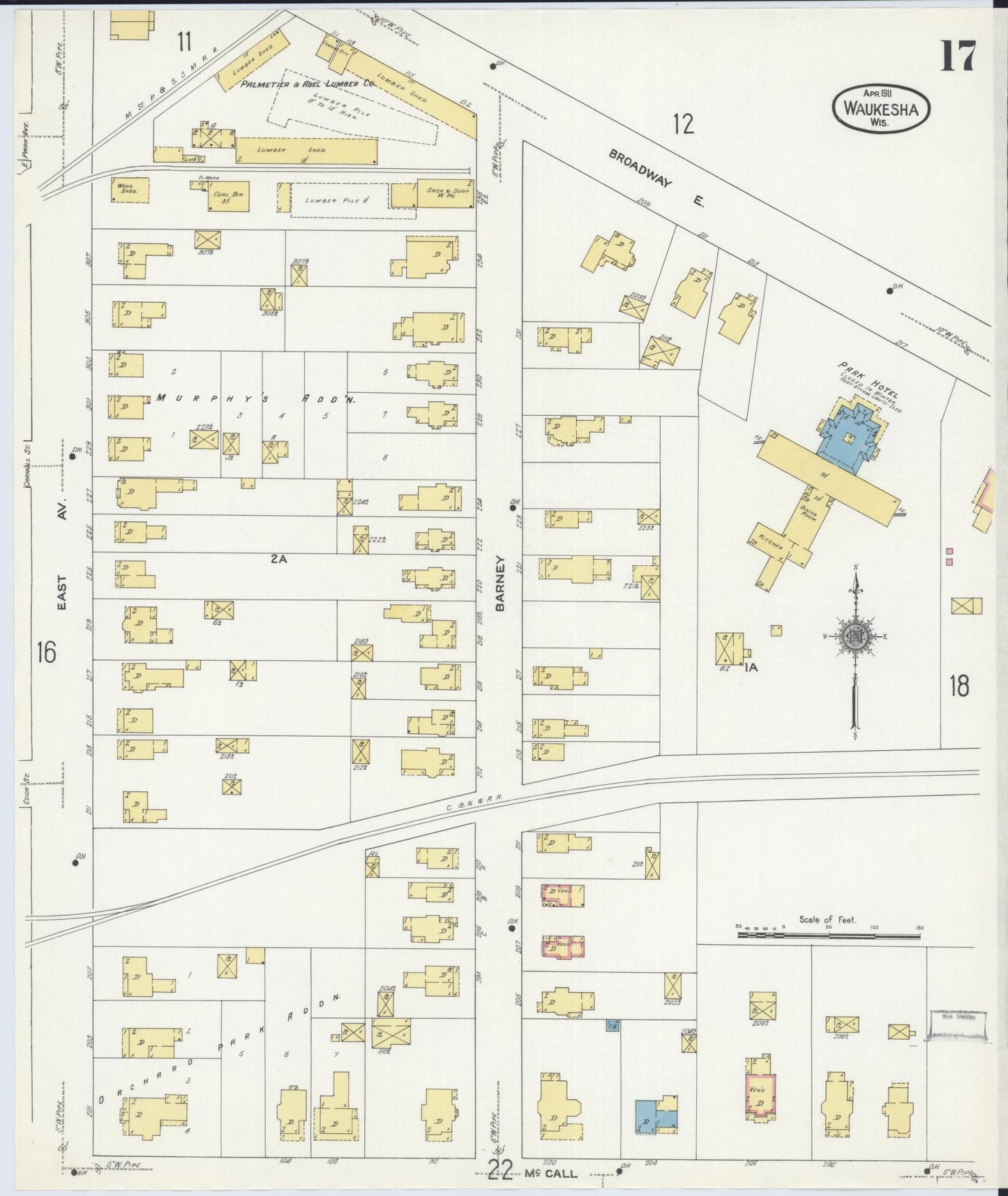 Sanborn Fire Insurance Map from Waukesha, Waukesha County, Wisconsin (1911), Sheet #0017 - Historic Sanborn Fire Insurance Map Print, vintage old map wall art, antique decor, genealogy gift, Wisconsin Wisconsin map