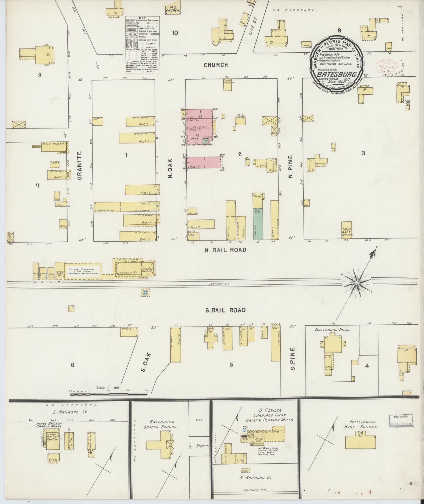 Sanborn Fire Insurance Map from Batesburg, Lexington And Saluda Counties, South Carolina (1895), Sheet #0001 - Historic Sanborn Fire Insurance Map Print, vintage old map wall art, antique decor, genealogy gift, South Carolina South Carolina map
