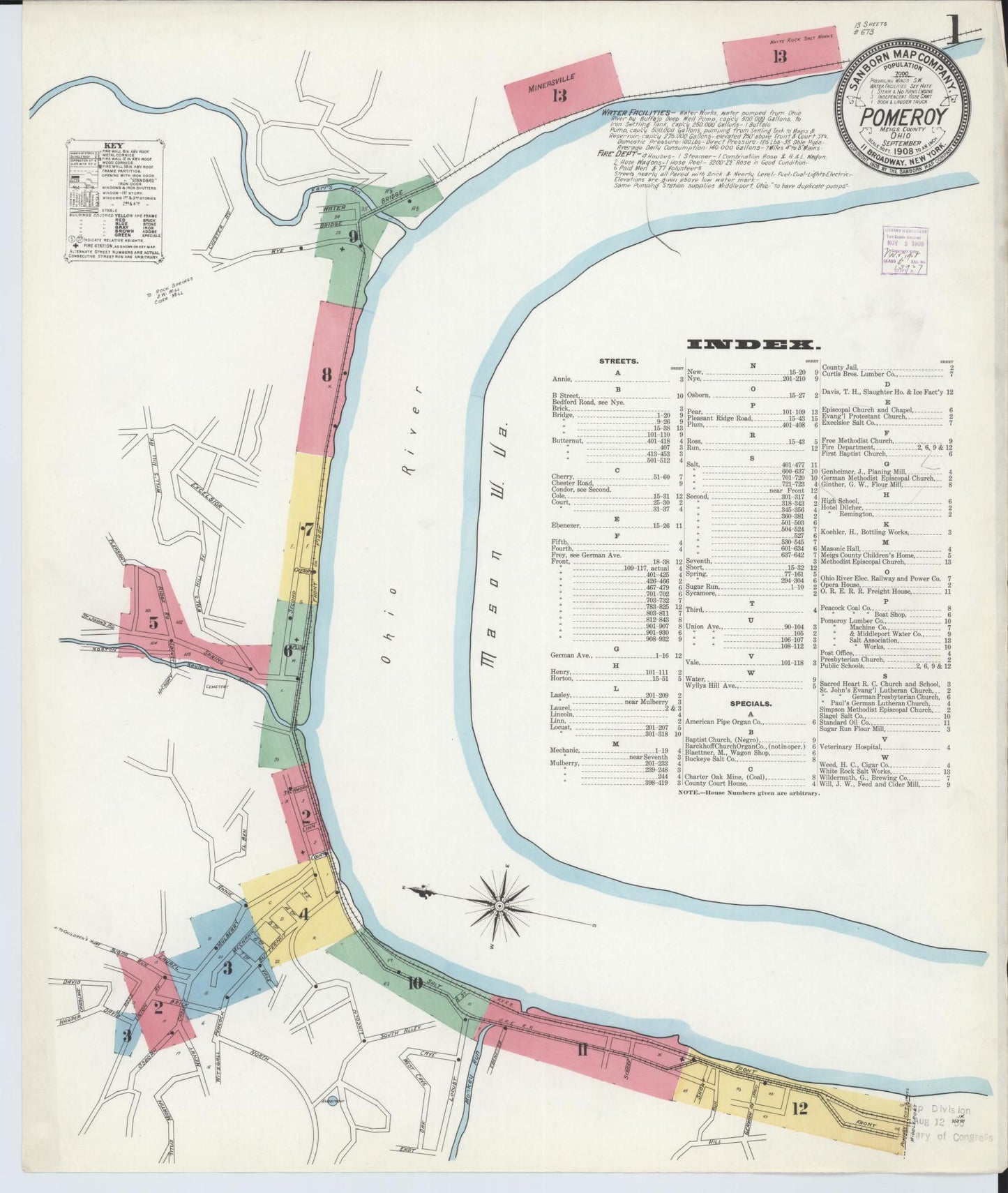 Sanborn Fire Insurance Map from Pomeroy, Meigs County, Ohio (1908), Sheet #0001 - Historic Sanborn Fire Insurance Map Print, vintage old map wall art, antique decor, genealogy gift, Ohio Ohio map