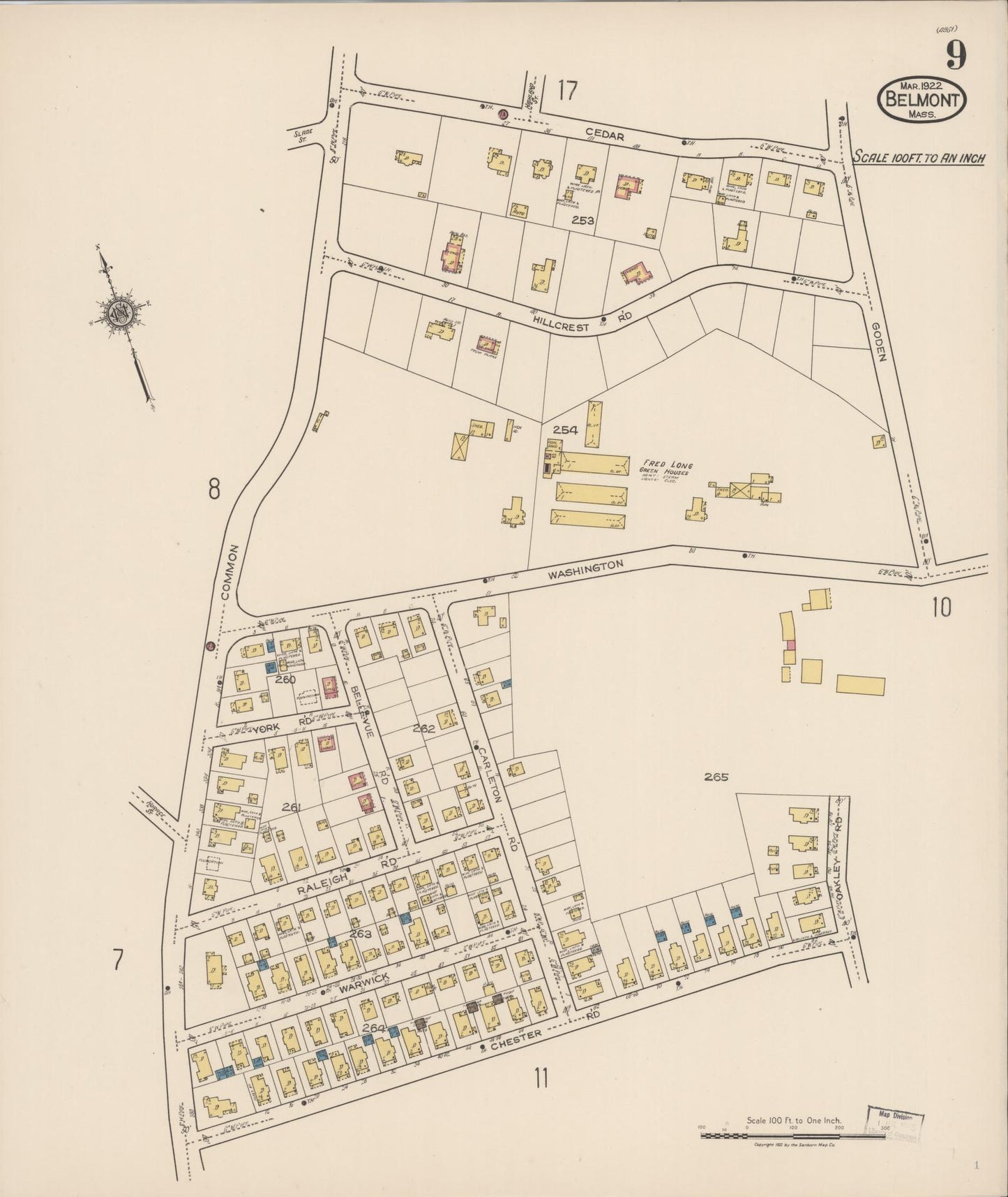 Sanborn Fire Insurance Map from Belmont, Middlesex County, Massachusetts (1922), Sheet #0009 - Historic Sanborn Fire Insurance Map Print, vintage old map wall art, antique decor, genealogy gift, Massachusetts Massachusetts map