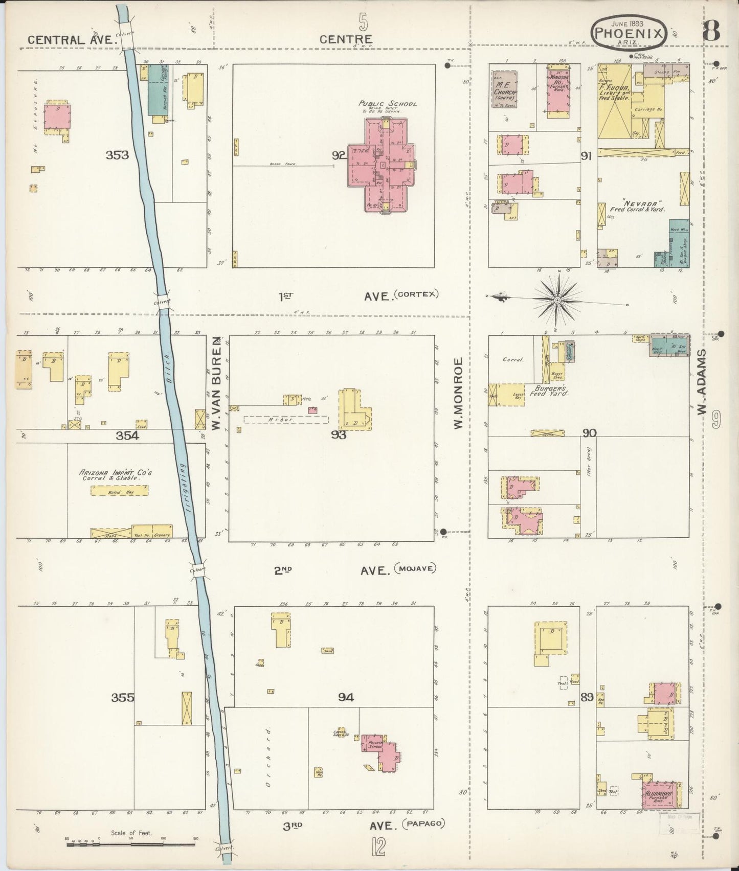 Sanborn Fire Insurance Map from Phoenix, Maricopa County, Arizona (1893), Sheet #0008 - Historic Sanborn Fire Insurance Map Print, vintage old map wall art, antique decor, genealogy gift, Arizona Arizona map
