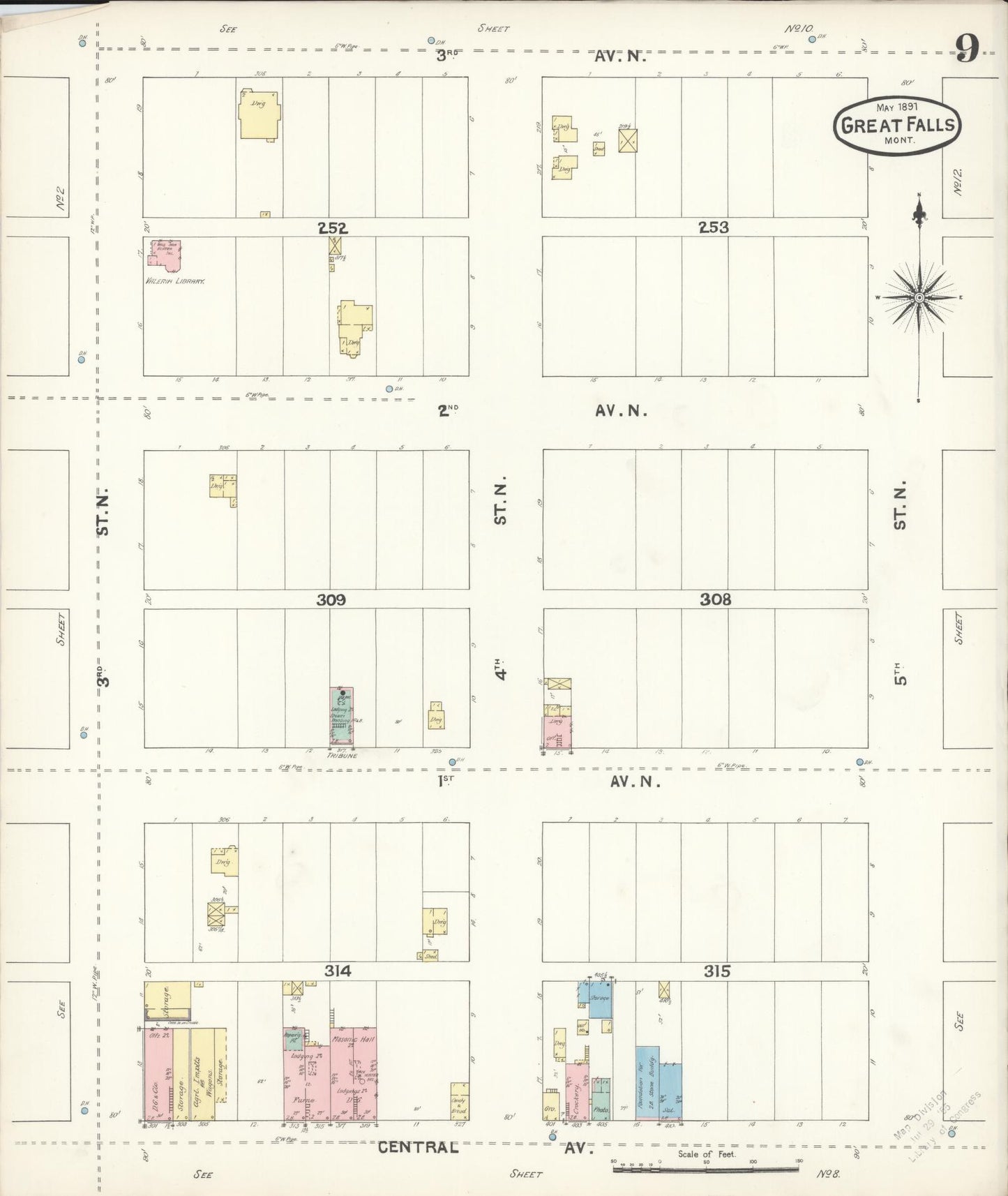 Sanborn Fire Insurance Map from Great Falls, Cascade County, Montana (1891), Sheet #0009 - Historic Sanborn Fire Insurance Map Print, vintage old map wall art, antique decor, genealogy gift, Montana Montana map