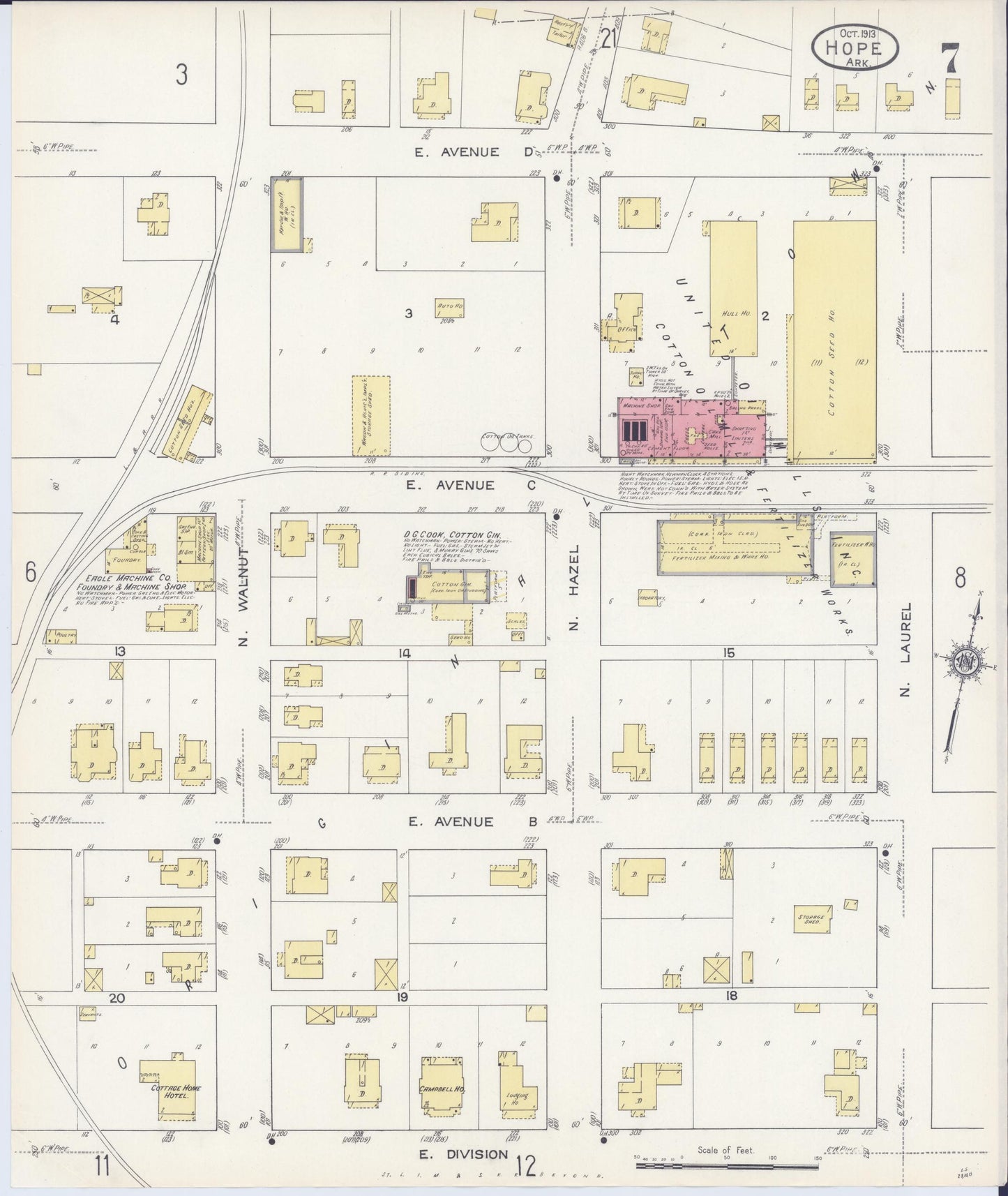 Sanborn Fire Insurance Map from Hope, Hempstead County, Arkansas (1913), Sheet #0007 - Historic Sanborn Fire Insurance Map Print, vintage old map wall art, antique decor, genealogy gift, Arkansas Arkansas map