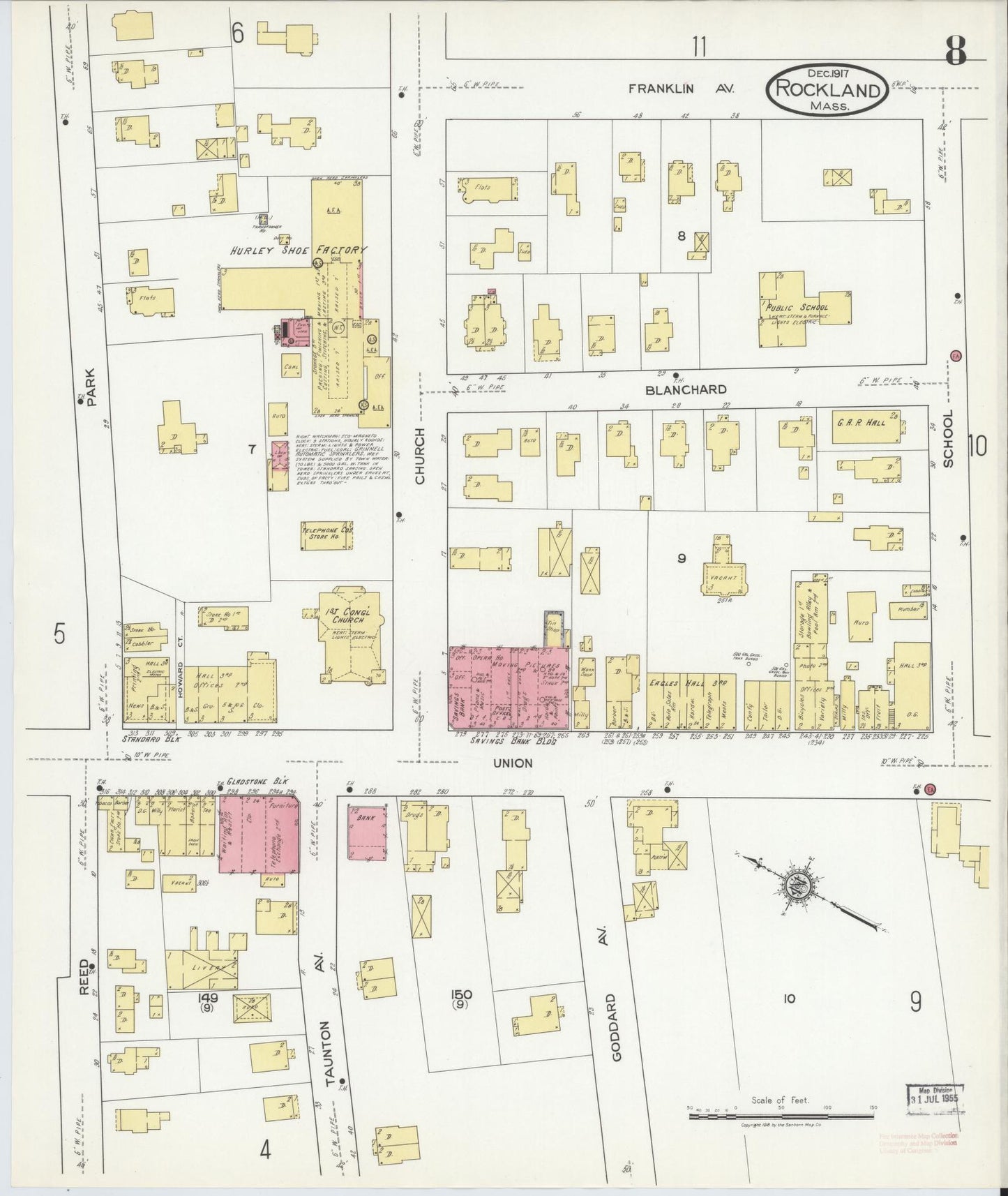Sanborn Fire Insurance Map from Rockland, Plymouth County, Massachusetts (1917), Sheet #0008 - Historic Sanborn Fire Insurance Map Print, vintage old map wall art, antique decor, genealogy gift, Massachusetts Massachusetts map