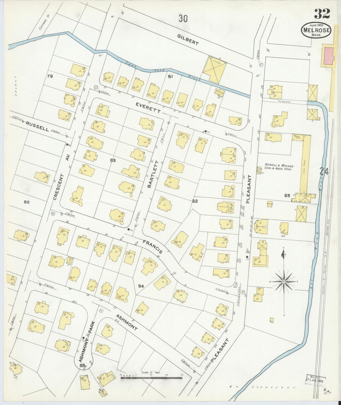 Sanborn Fire Insurance Map from Melrose, Middlesex County, Massachusetts (1909), Sheet #0032 - Historic Sanborn Fire Insurance Map Print, vintage old map wall art, antique decor, genealogy gift, Massachusetts Massachusetts map