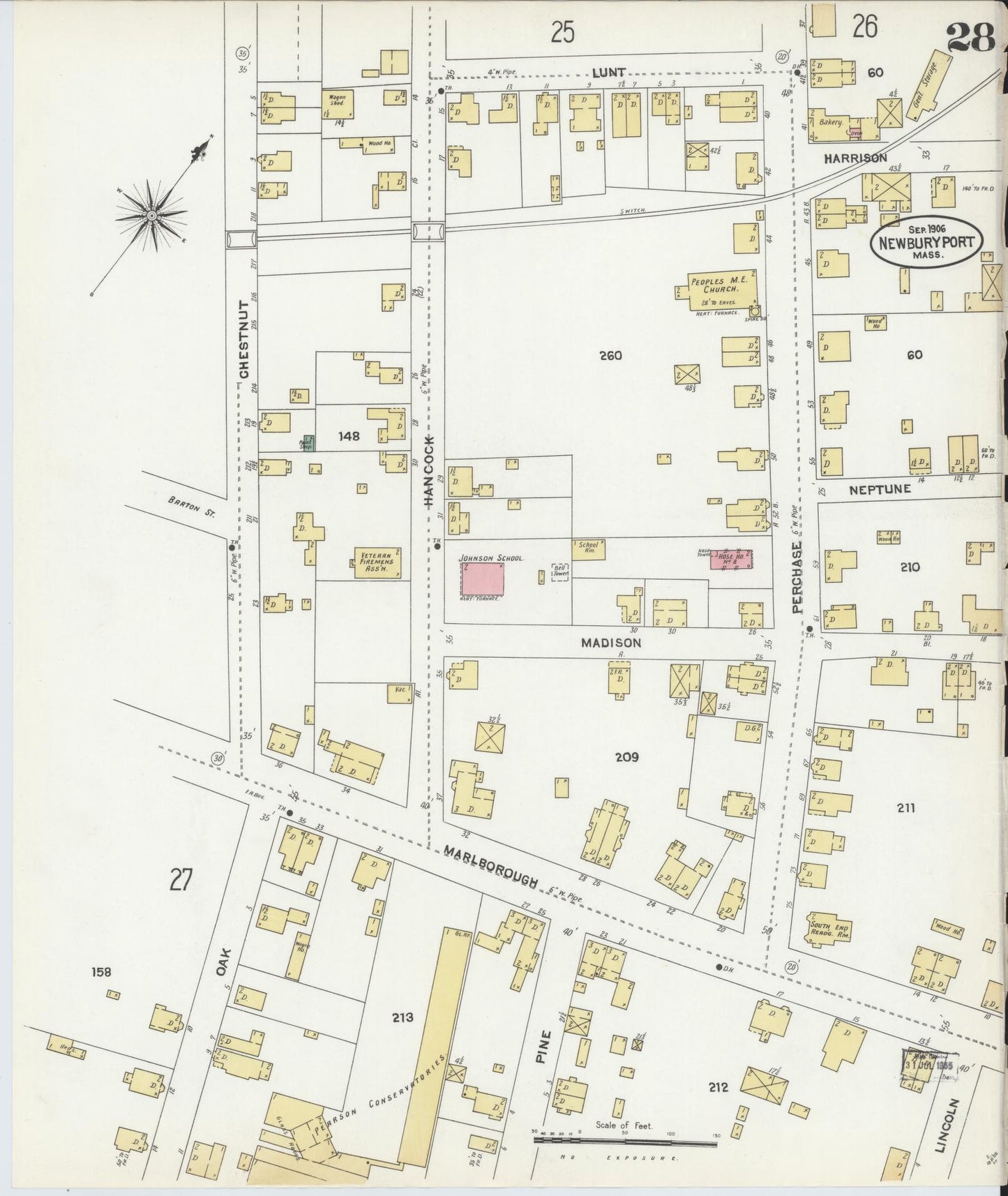 Sanborn Fire Insurance Map from Newburyport, Essex County, Massachusetts (1906), Sheet #0028 - Historic Sanborn Fire Insurance Map Print, vintage old map wall art, antique decor, genealogy gift, Massachusetts Massachusetts map