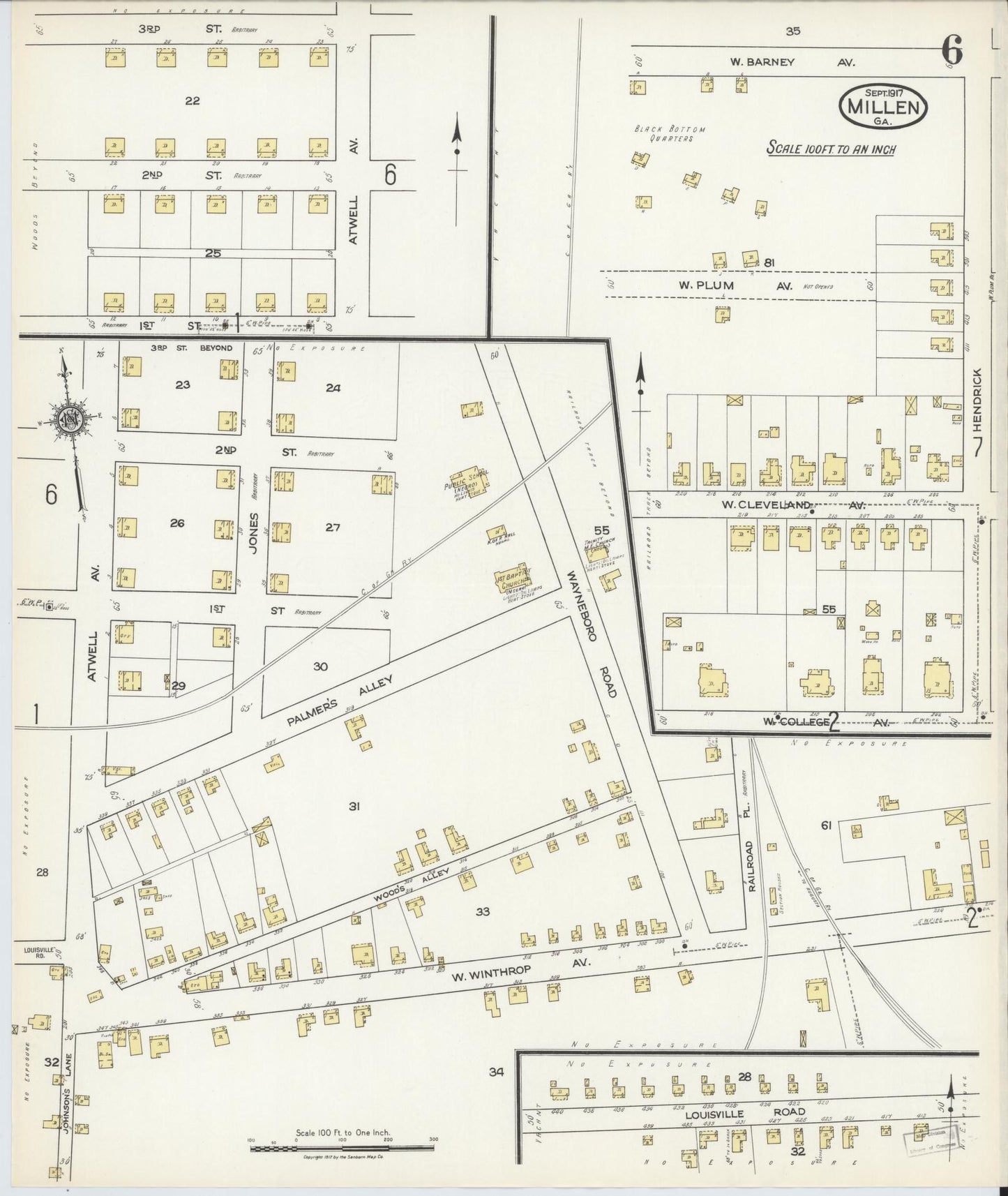 Sanborn Fire Insurance Map from Millen, Jenkins County, Georgia (1917), Sheet #0006 - Historic Sanborn Fire Insurance Map Print, vintage old map wall art, antique decor, genealogy gift, Georgia Georgia map