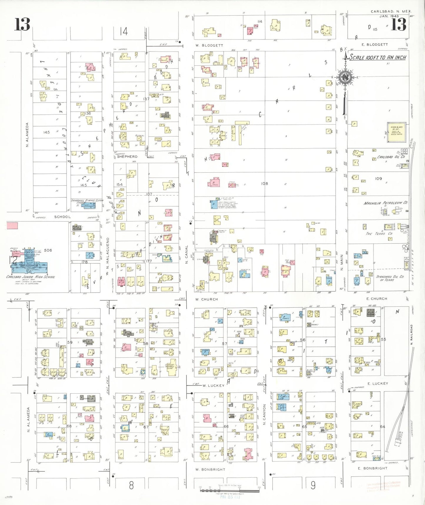 Sanborn Fire Insurance Map from Carlsbad, Eddy County, New Mexico (1943), Sheet #0013 - Historic Sanborn Fire Insurance Map Print, vintage old map wall art, antique decor, genealogy gift, New Mexico New Mexico map