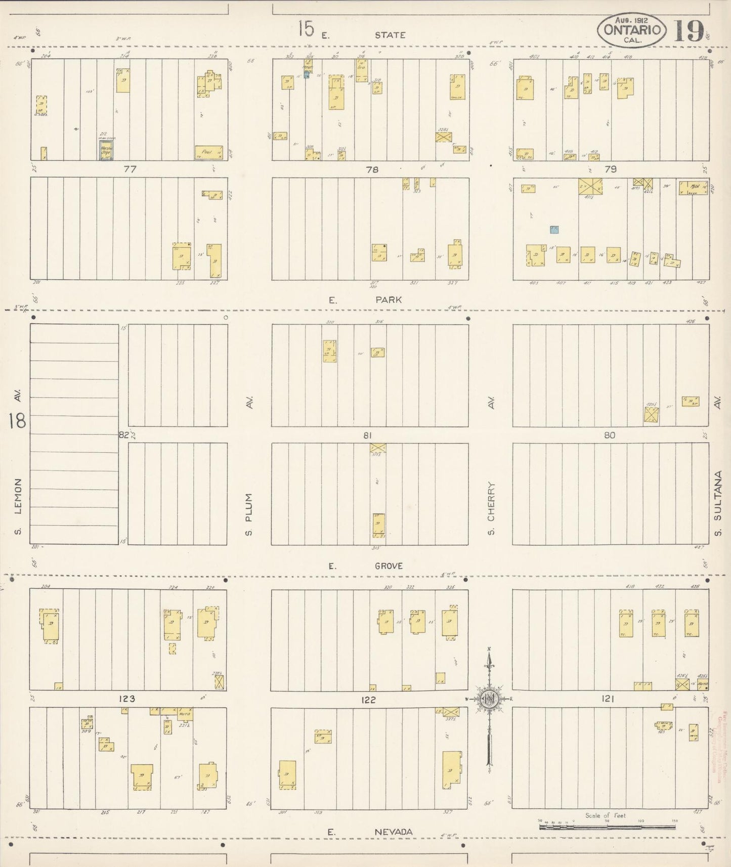Sanborn Fire Insurance Map from Ontario, San Bernardino County, California (1912), Sheet #0019 - Historic Sanborn Fire Insurance Map Print, vintage old map wall art, antique decor, genealogy gift, California California map