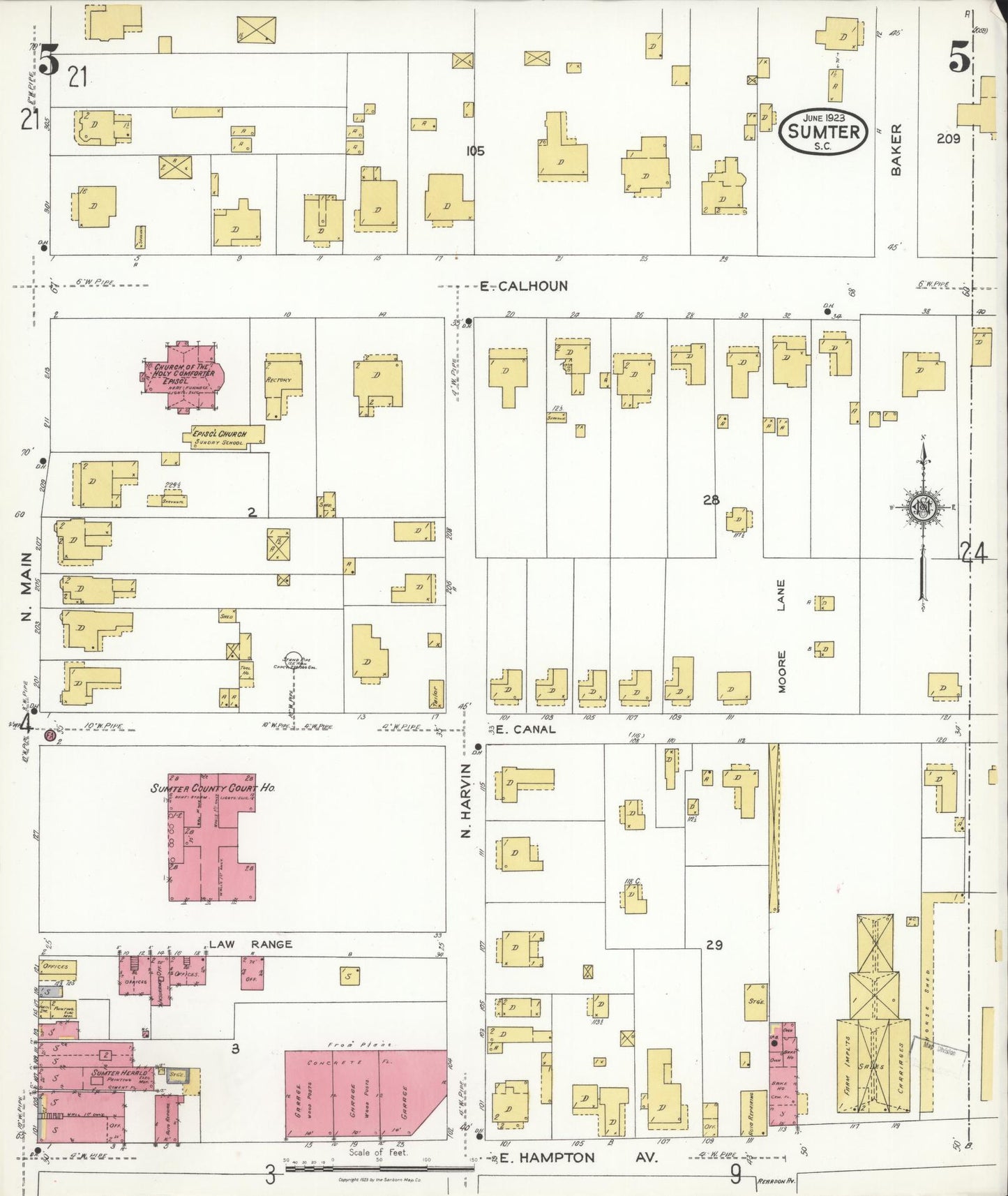 Sanborn Fire Insurance Map from Sumter, Sumter County, South Carolina (1923), Sheet #0005 - Historic Sanborn Fire Insurance Map Print, vintage old map wall art, antique decor, genealogy gift, South Carolina South Carolina map