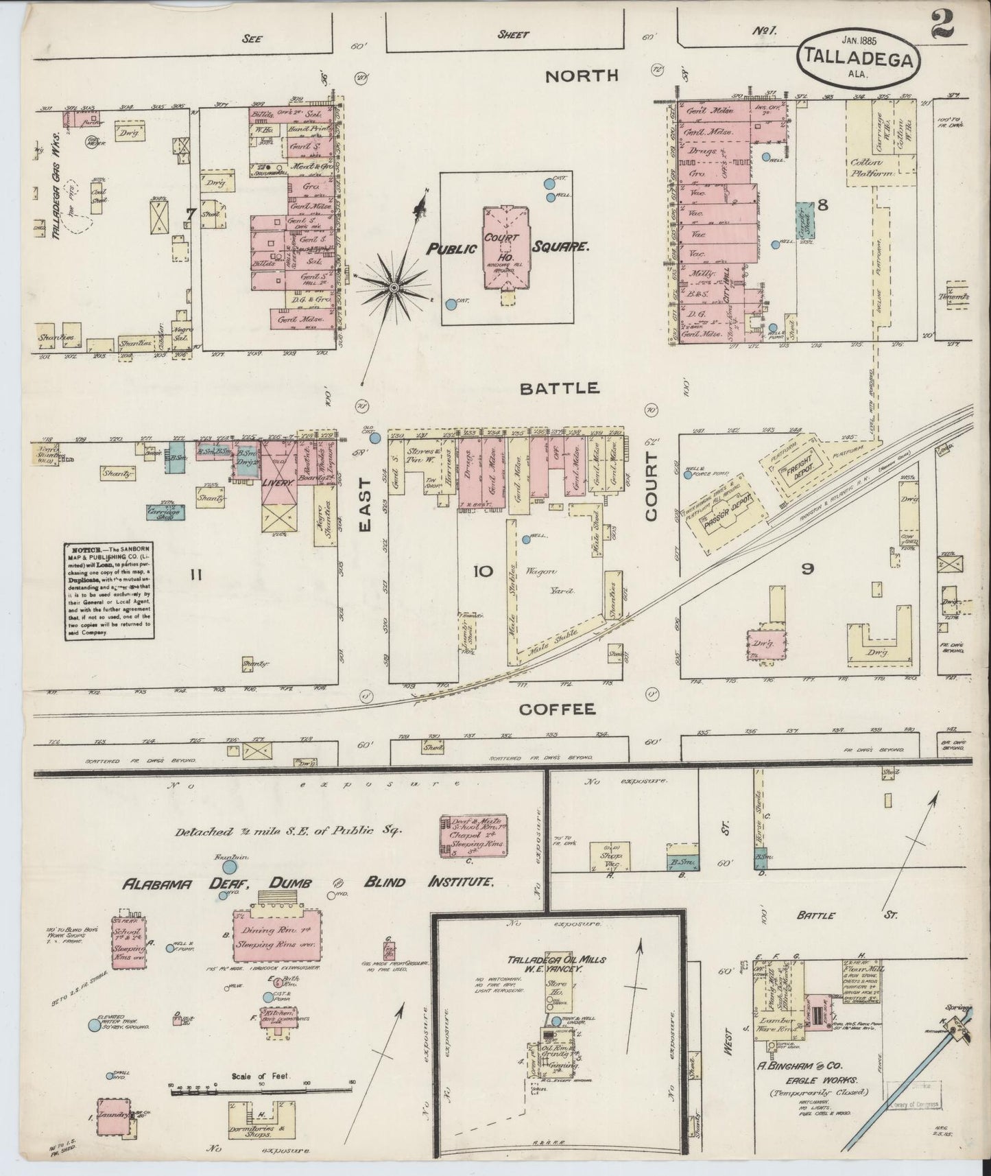 Sanborn Fire Insurance Map from Talladega, Talladega County, Alabama (1885), Sheet #0002 - Complete Map Set gallery image, historic Sanborn map, vintage wall art, Alabama Alabama