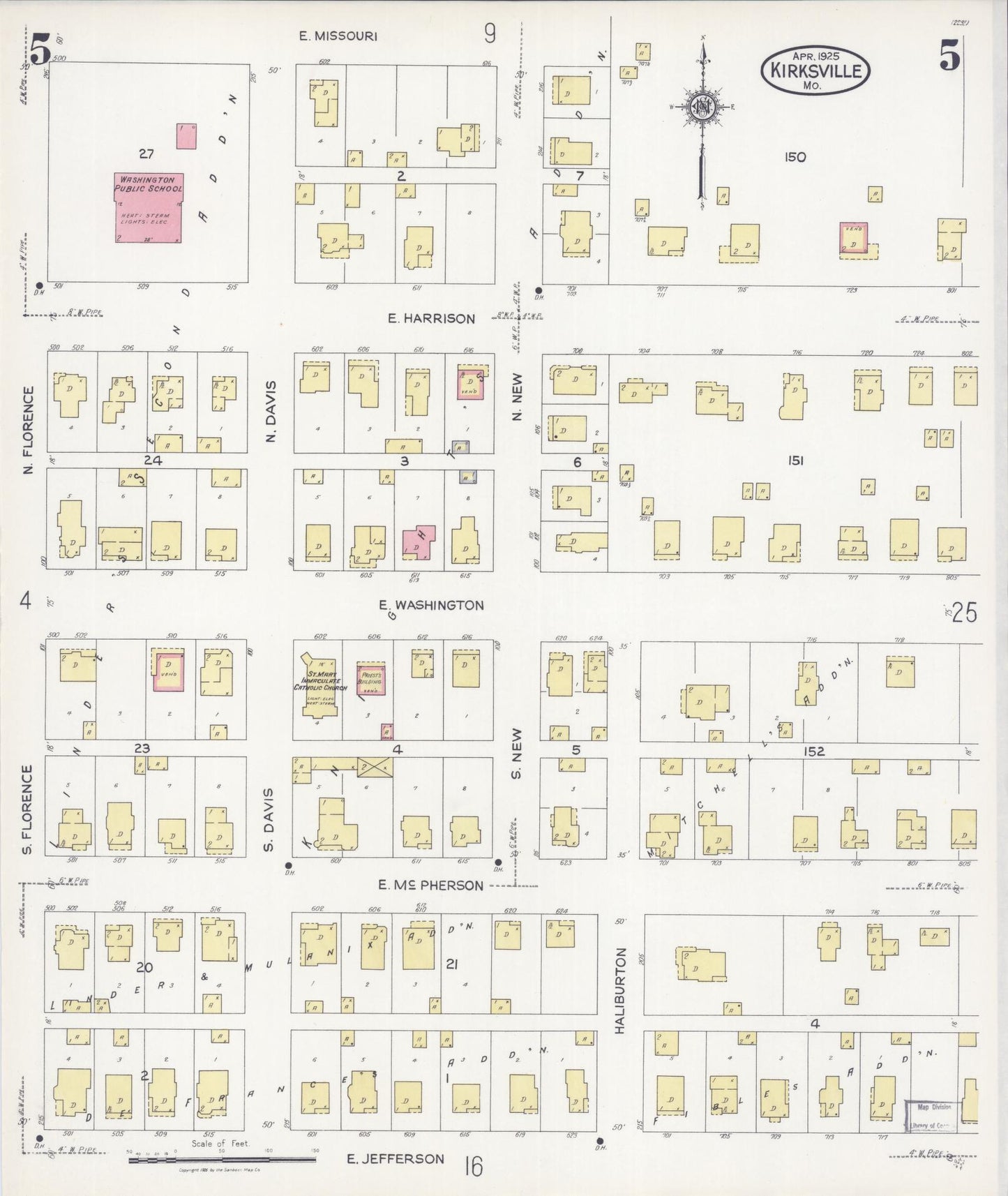 Sanborn Fire Insurance Map from Kirksville, Adair County, Missouri (1925), Sheet #0005 - Historic Sanborn Fire Insurance Map Print, vintage old map wall art, antique decor, genealogy gift, Missouri Missouri map