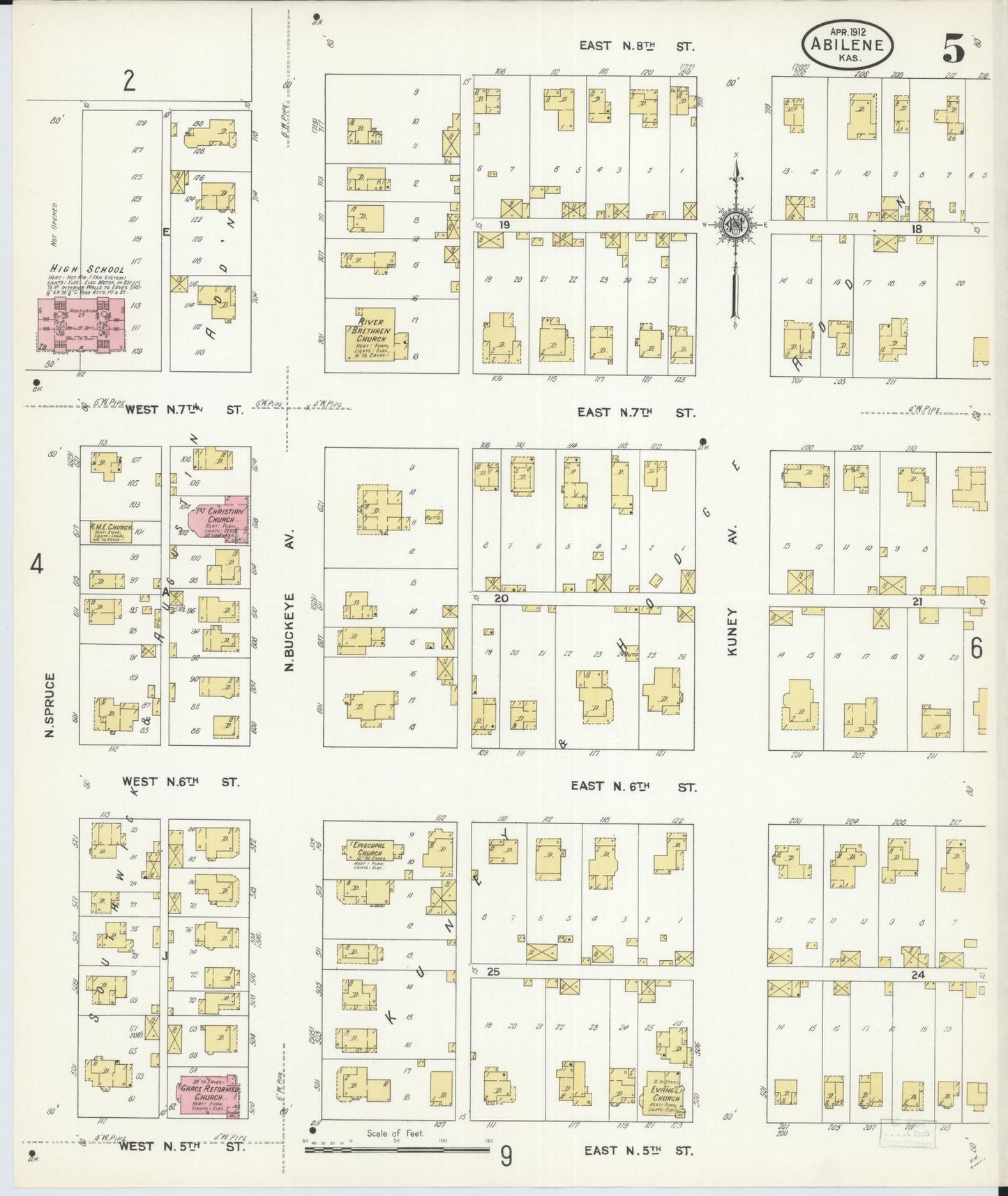 Sanborn Fire Insurance Map from Abilene, Dickinson County, Kansas (1912), Sheet #0005 - Historic Sanborn Fire Insurance Map Print, vintage old map wall art, antique decor, genealogy gift, Kansas Kansas map