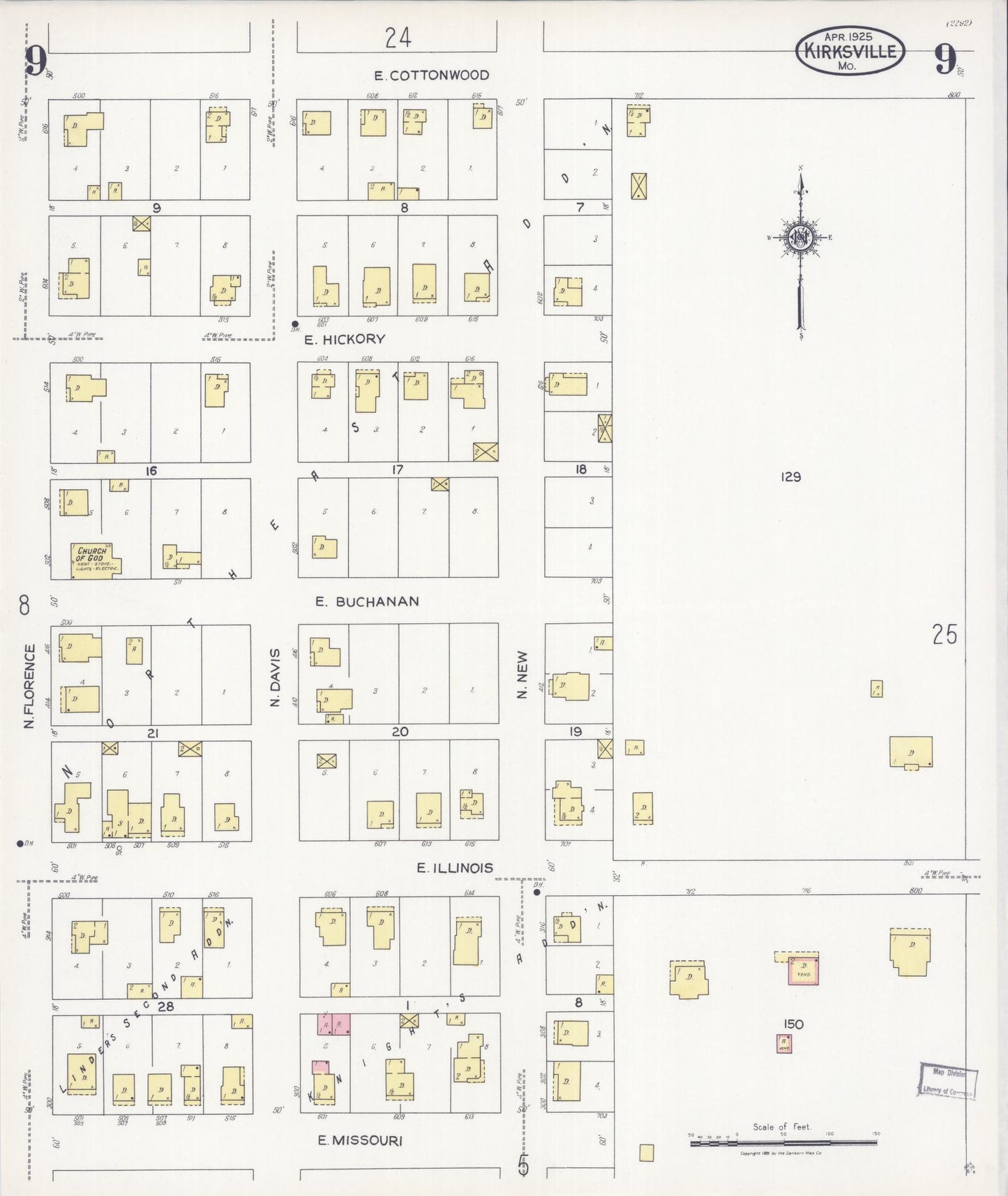 Sanborn Fire Insurance Map from Kirksville, Adair County, Missouri (1925), Sheet #0009 - Historic Sanborn Fire Insurance Map Print, vintage old map wall art, antique decor, genealogy gift, Missouri Missouri map
