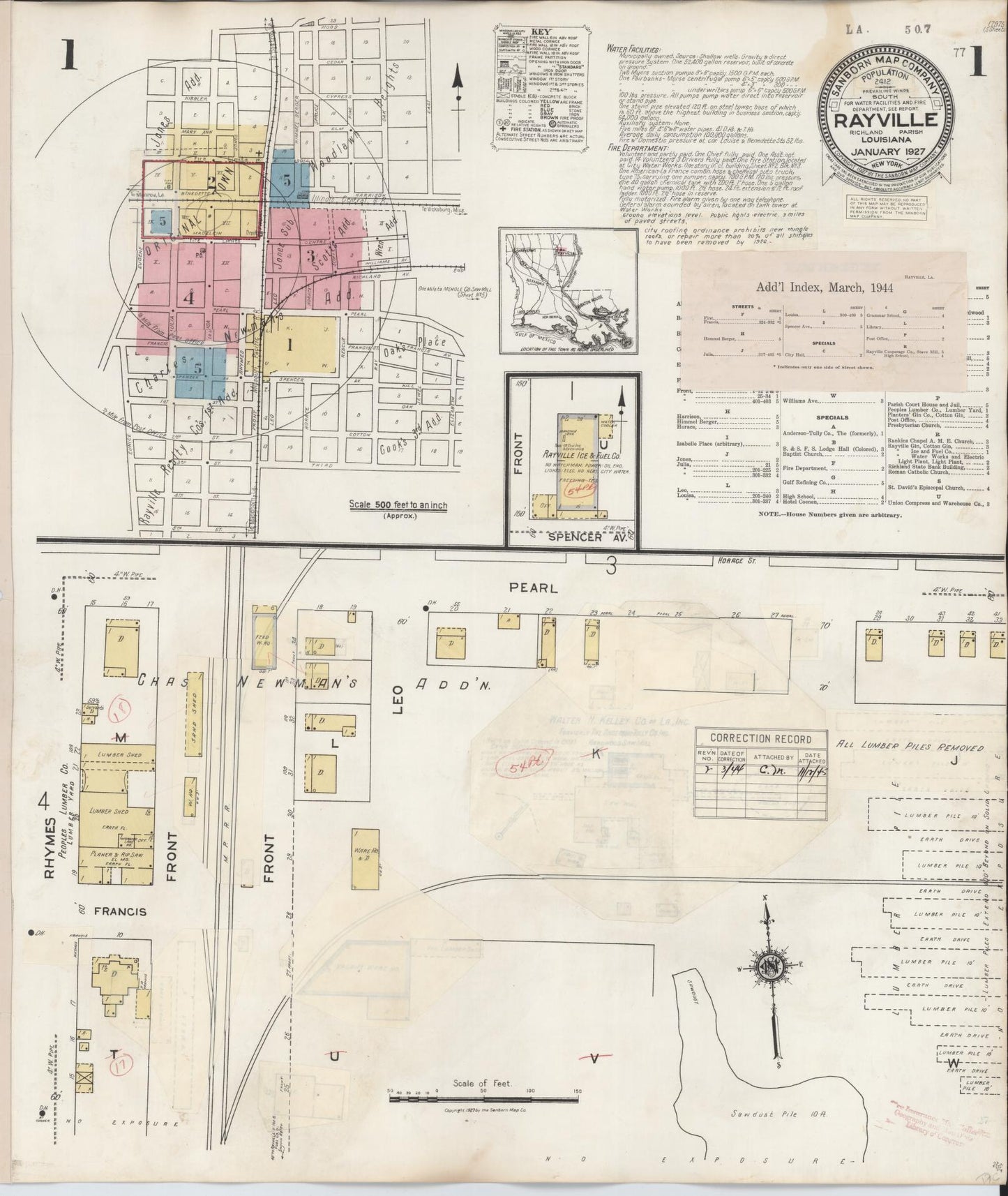 Sanborn Fire Insurance Map from Rayville, Richland Parish, Louisiana (1944), Sheet #0001 - Historic Sanborn Fire Insurance Map Print, vintage old map wall art, antique decor, genealogy gift, Louisiana Louisiana map
