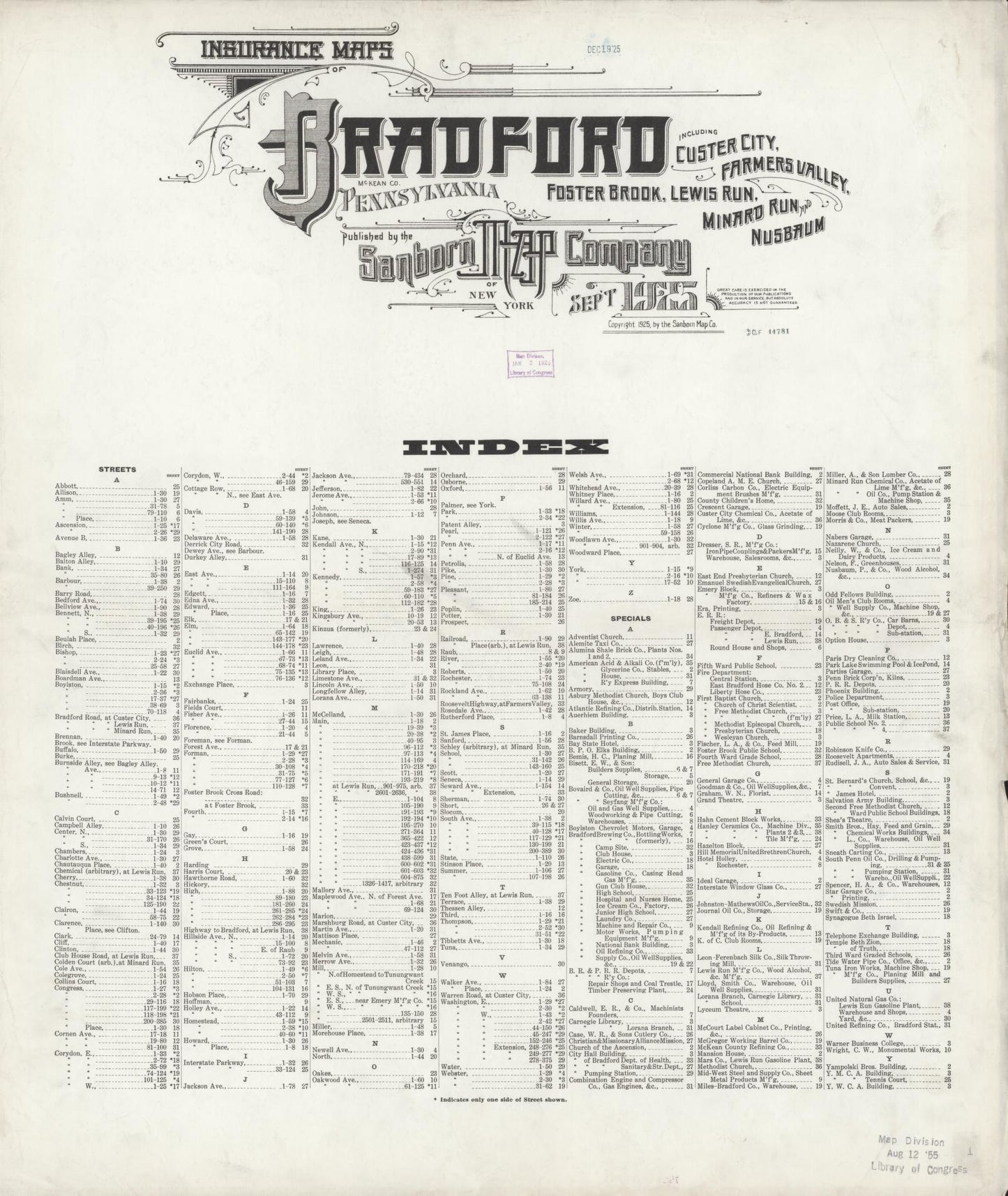 Sanborn Fire Insurance Map from Bradford, McKean County, Pennsylvania (1925), Sheet #0001 - Historic Sanborn Fire Insurance Map Print, vintage old map wall art, antique decor, genealogy gift, Pennsylvania Pennsylvania map