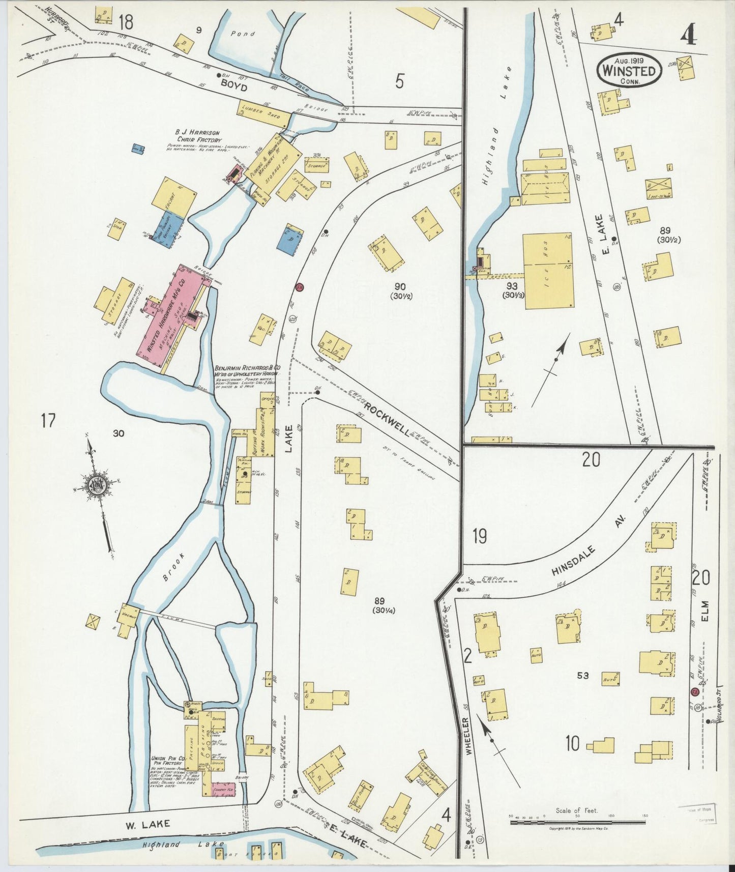 Sanborn Fire Insurance Map from Winsted, Litchfield County, Connecticut (1919), Sheet #0004 - Historic Sanborn Fire Insurance Map Print, vintage old map wall art, antique decor, genealogy gift, Connecticut Connecticut map