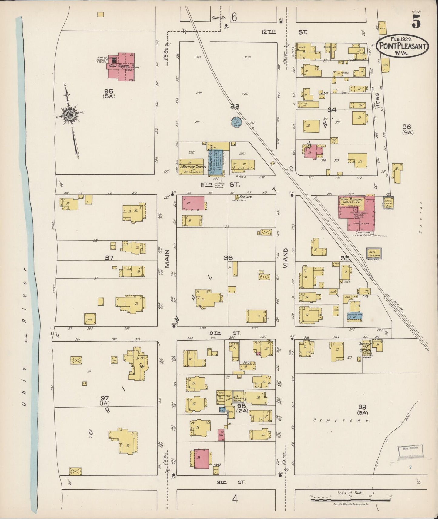 Sanborn Fire Insurance Map from Point Pleasant, Mason County, West Virginia (1922), Sheet #0005 - Historic Sanborn Fire Insurance Map Print, vintage old map wall art, antique decor, genealogy gift, West Virginia West Virginia map