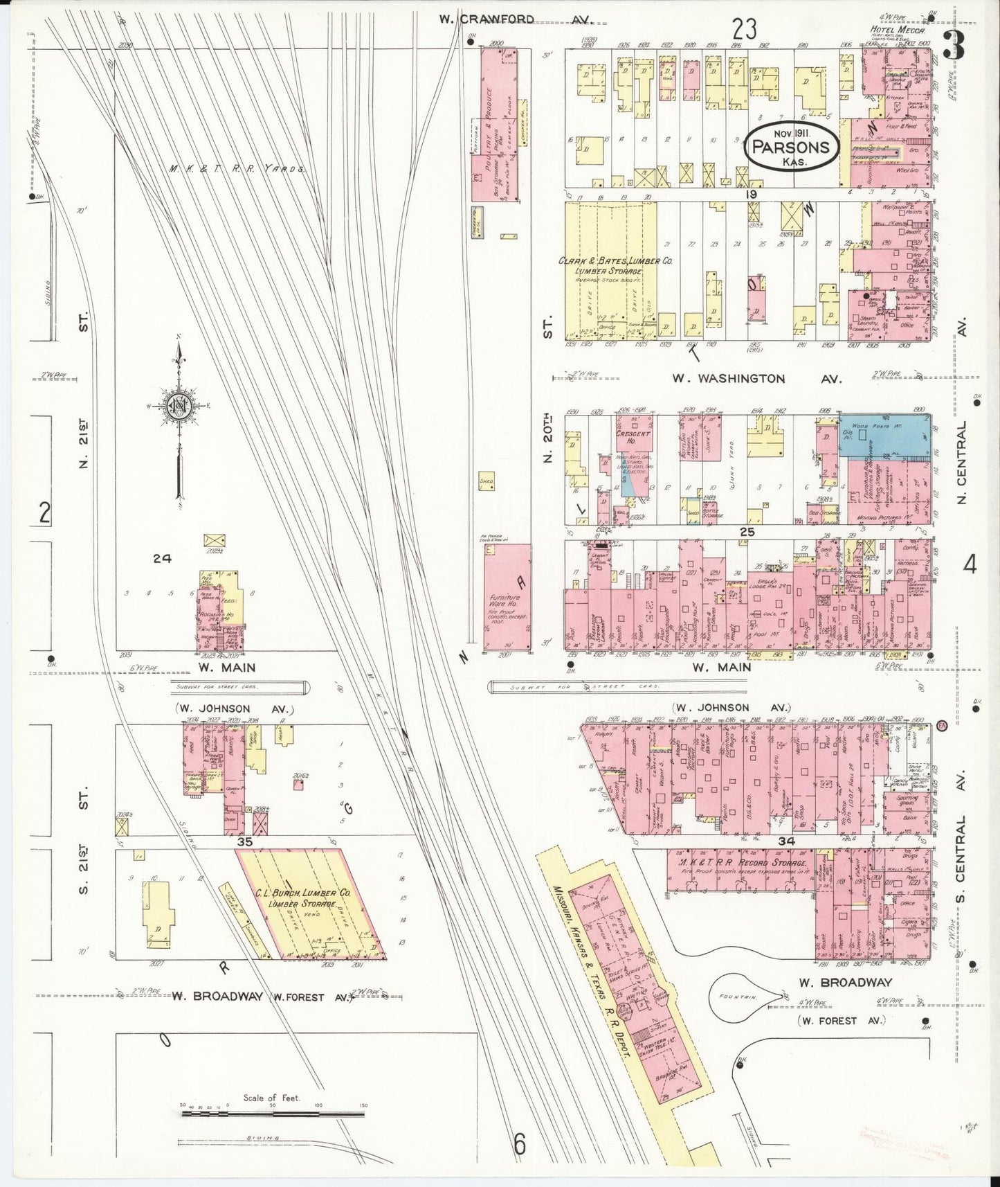 Sanborn Fire Insurance Map from Parsons, Labette County, Kansas (1911), Sheet #0003 - Historic Sanborn Fire Insurance Map Print, vintage old map wall art, antique decor, genealogy gift, Kansas Kansas map