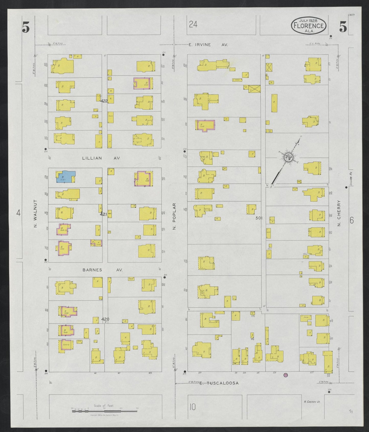 Sanborn Fire Insurance Map from Florence, Lauderdale County, Alabama (1928), Sheet #0005 - Historic Sanborn Fire Insurance Map Print, vintage old map wall art, antique decor, genealogy gift, Alabama Alabama map