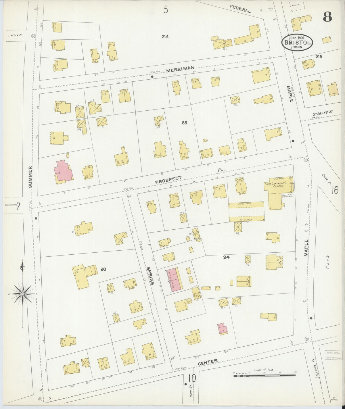 Sanborn Fire Insurance Map from Bristol, Hartford County, Connecticut (1905), Sheet #0008 - Historic Sanborn Fire Insurance Map Print, vintage old map wall art, antique decor, genealogy gift, Connecticut Connecticut map