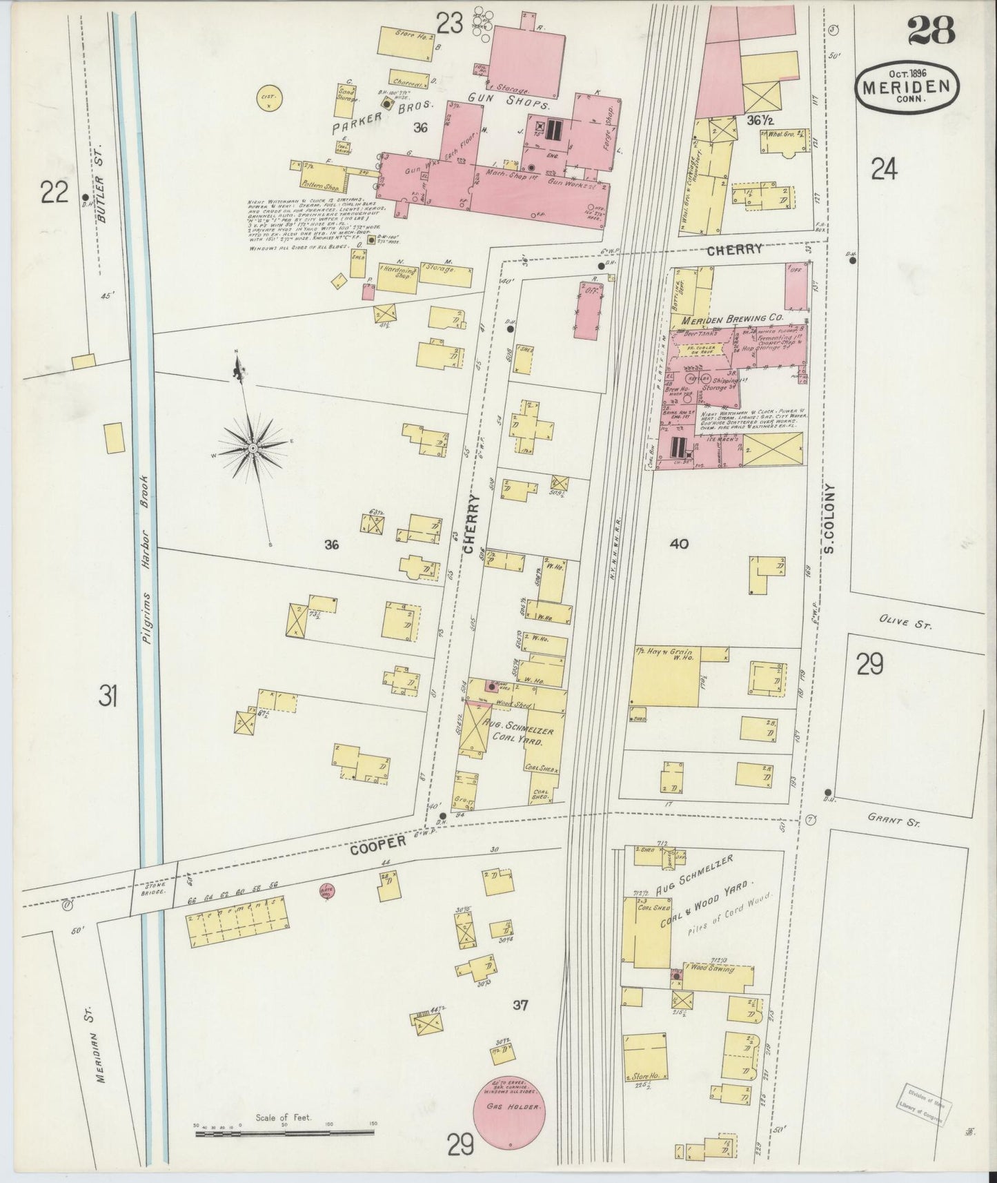Sanborn Fire Insurance Map from Meriden, New Haven County, Connecticut (1896), Sheet #0028 - Historic Sanborn Fire Insurance Map Print, vintage old map wall art, antique decor, genealogy gift, Connecticut Connecticut map