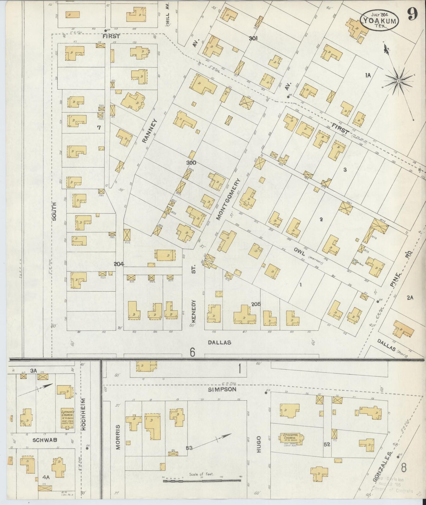 Sanborn Fire Insurance Map from Yoakum, De Witt And Lavaca Counties, Texas (1904), Sheet #0009 - Complete Map Set gallery image, historic Sanborn map, vintage wall art, Texas Texas