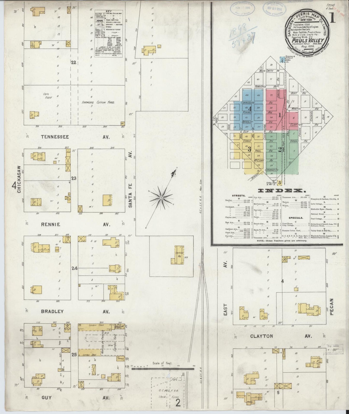 Sanborn Fire Insurance Map from Pauls Valley, Garvin County, Oklahoma (1898), Sheet #0001 - Historic Sanborn Fire Insurance Map Print, vintage old map wall art, antique decor, genealogy gift, Oklahoma Oklahoma map
