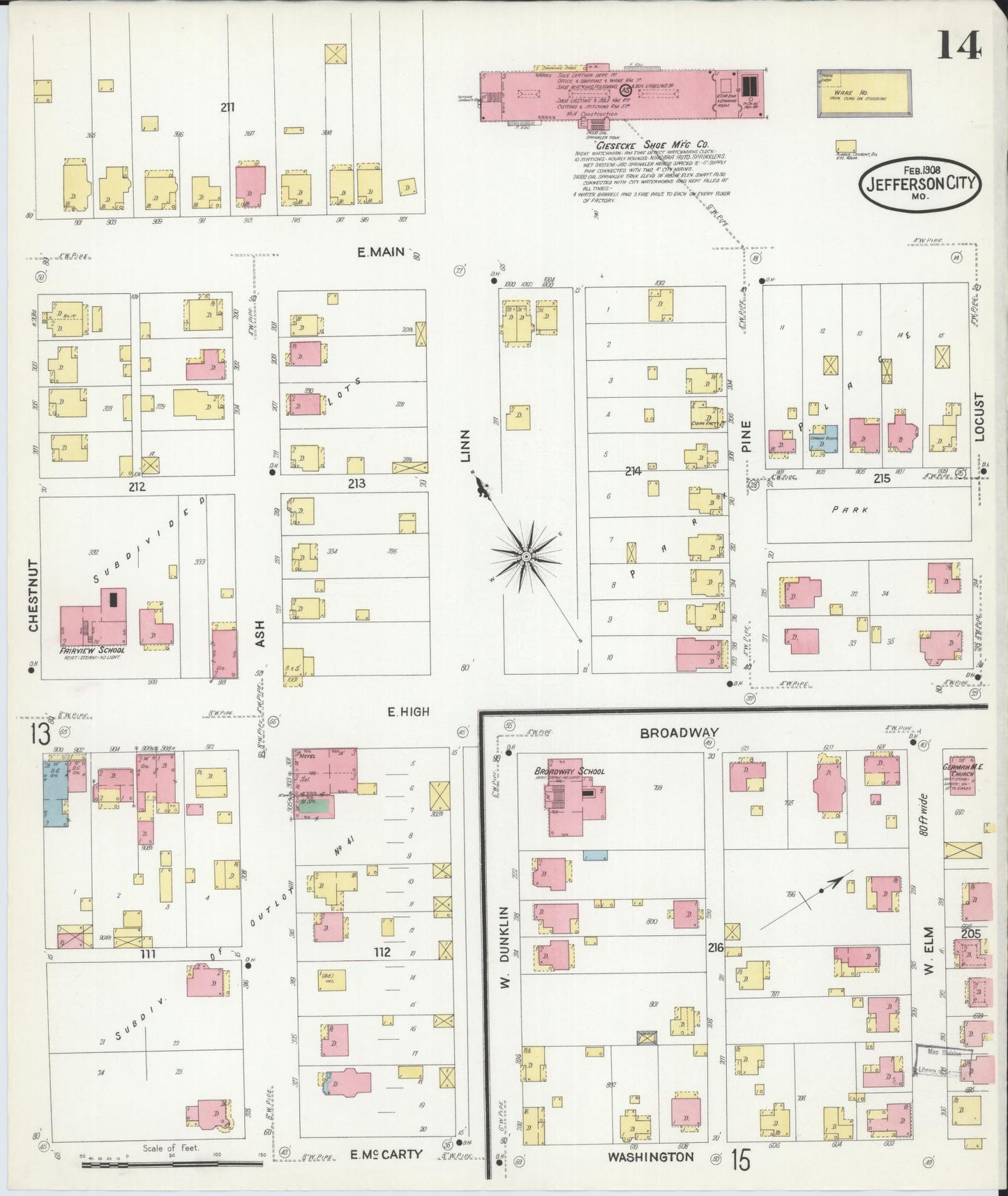 Sanborn Fire Insurance Map from Jefferson City, Cole County, Missouri (1908), Sheet #0014 - Historic Sanborn Fire Insurance Map Print, vintage old map wall art, antique decor, genealogy gift, Missouri Missouri map