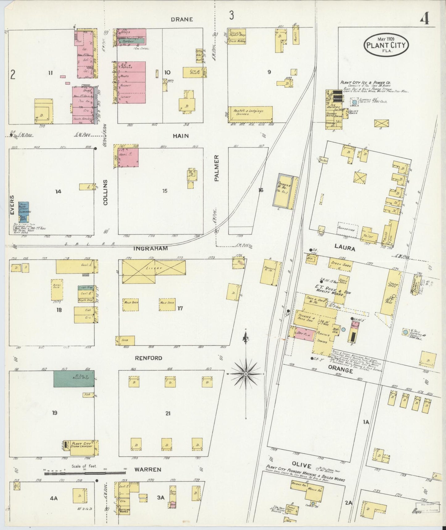 Sanborn Fire Insurance Map from Plant City, Hillborough County, Florida (1909), Sheet #0004 - Complete Map Set gallery image, historic Sanborn map, vintage wall art, Florida Florida