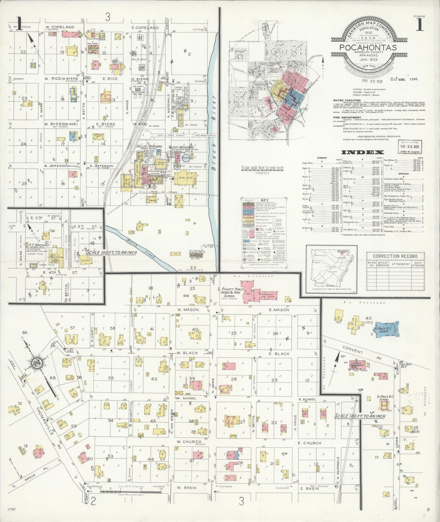 Sanborn Fire Insurance Map from Pocahontas, Randolph County, Arkansas (1933), Sheet #0001 - Historic Sanborn Fire Insurance Map Print, vintage old map wall art, antique decor, genealogy gift, Arkansas Arkansas map