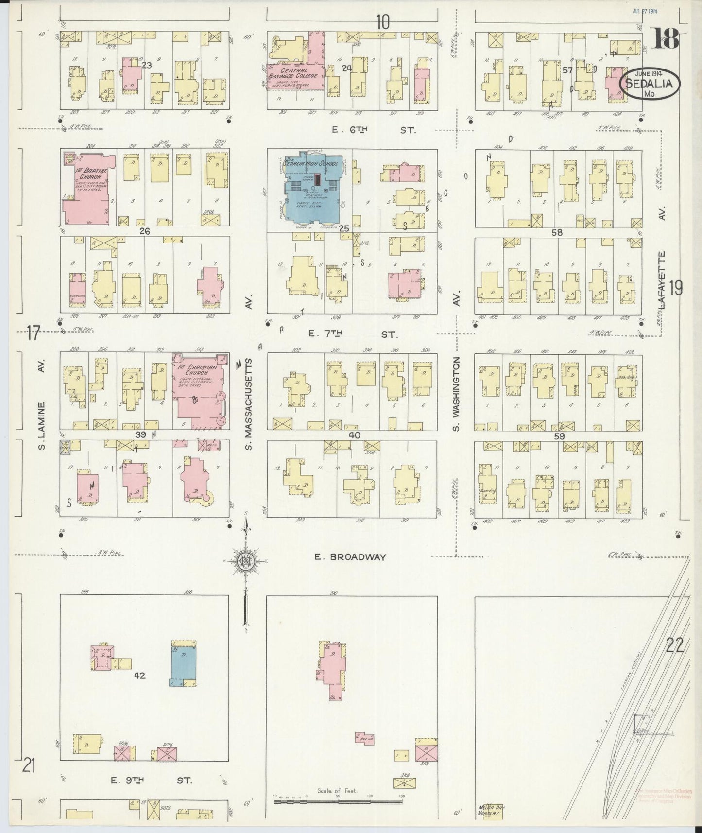 Sanborn Fire Insurance Map from Sedalia, Pettis County, Missouri (1914), Sheet #0018 - Historic Sanborn Fire Insurance Map Print, vintage old map wall art, antique decor, genealogy gift, Missouri Missouri map