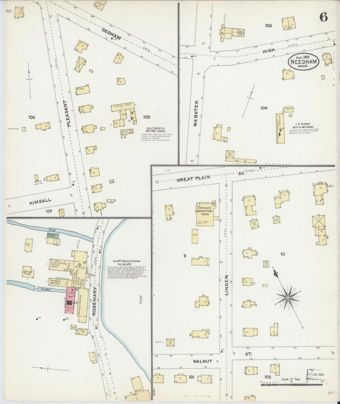 Sanborn Fire Insurance Map from Needham, Norfolk County, Massachusetts (1906), Sheet #0006 - Historic Sanborn Fire Insurance Map Print, vintage old map wall art, antique decor, genealogy gift, Massachusetts Massachusetts map