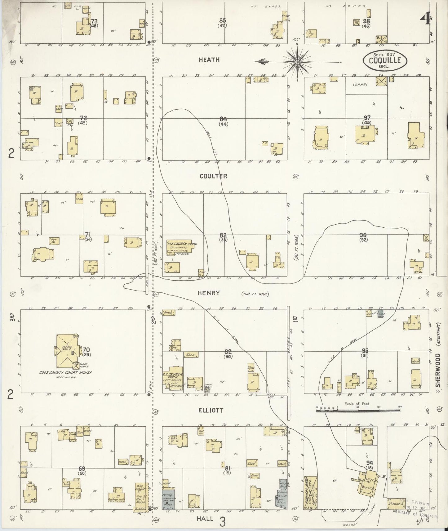 Sanborn Fire Insurance Map from Coquille, Coos County, Oregon (1907), Sheet #0004 - Complete Map Set gallery image, historic Sanborn map, vintage wall art, Oregon Oregon