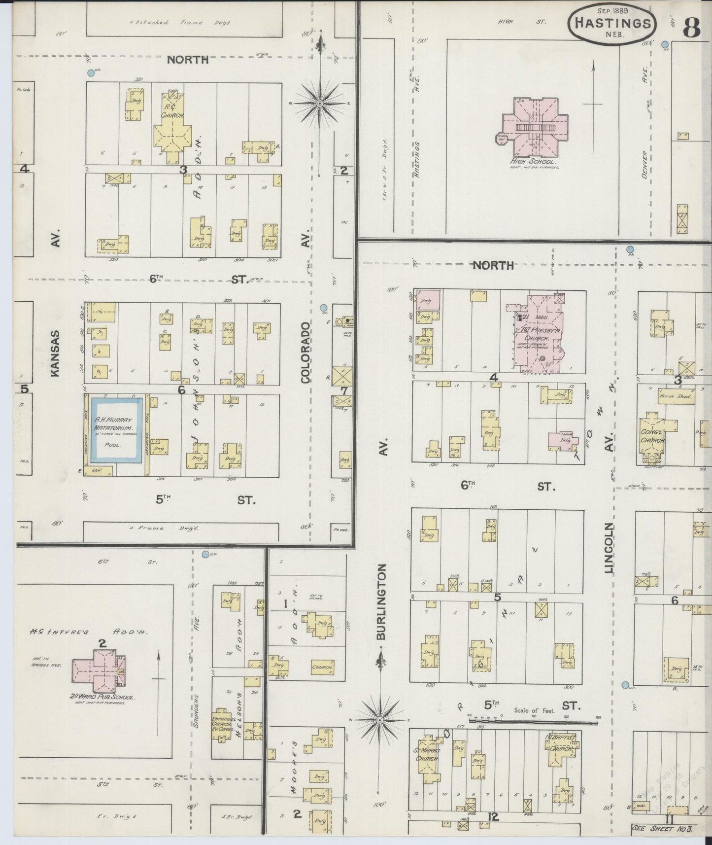 Sanborn Fire Insurance Map from Hastings, Adams County, Nebraska (1889), Sheet #0008 - Historic Sanborn Fire Insurance Map Print, vintage old map wall art, antique decor, genealogy gift, Nebraska Nebraska map