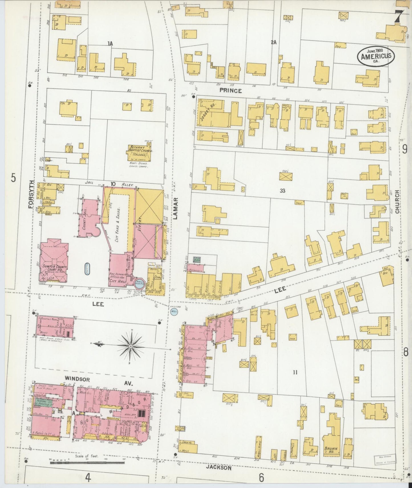 Sanborn Fire Insurance Map from Americus, Sumter County, Georgia (1900), Sheet #0007 - Historic Sanborn Fire Insurance Map Print, vintage old map wall art, antique decor, genealogy gift, Georgia Georgia map