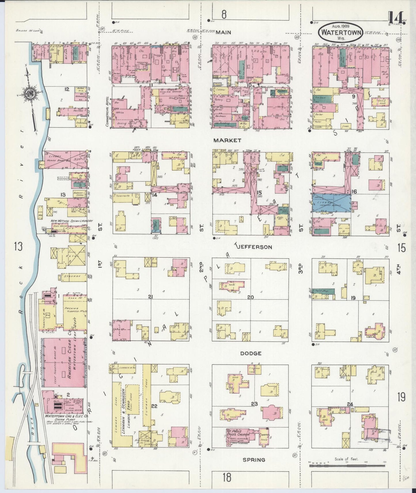 Sanborn Fire Insurance Map from Watertown, Jefferson County, Wisconsin (1909), Sheet #0014 - Historic Sanborn Fire Insurance Map Print, vintage old map wall art, antique decor, genealogy gift, Wisconsin Wisconsin map