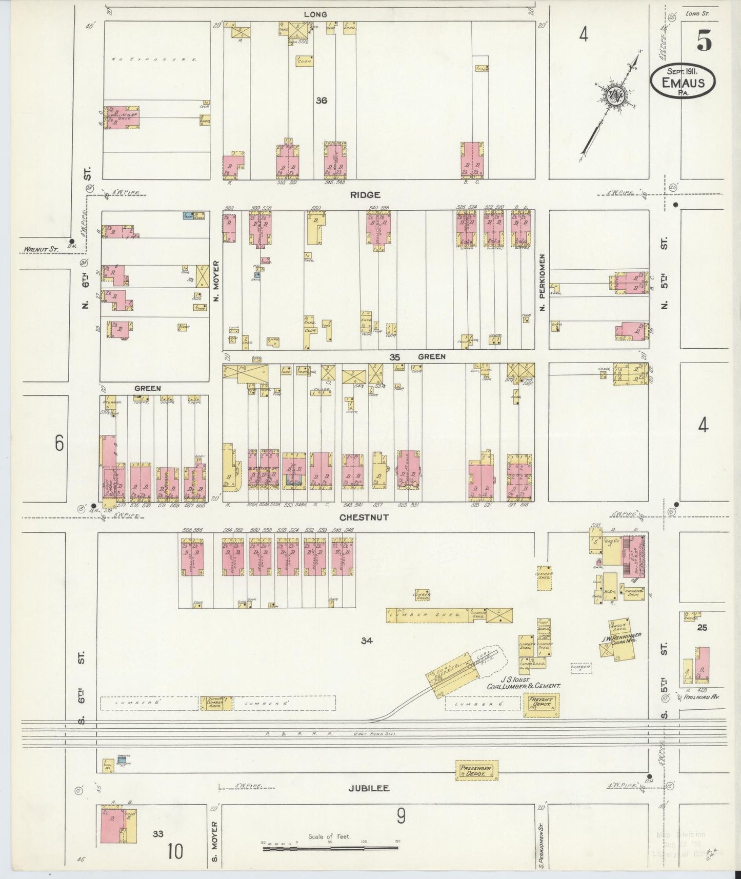 Sanborn Fire Insurance Map from Emaus, Lehigh County, Pennsylvania (1911), Sheet #0005 - Historic Sanborn Fire Insurance Map Print, vintage old map wall art, antique decor, genealogy gift, Pennsylvania Pennsylvania map