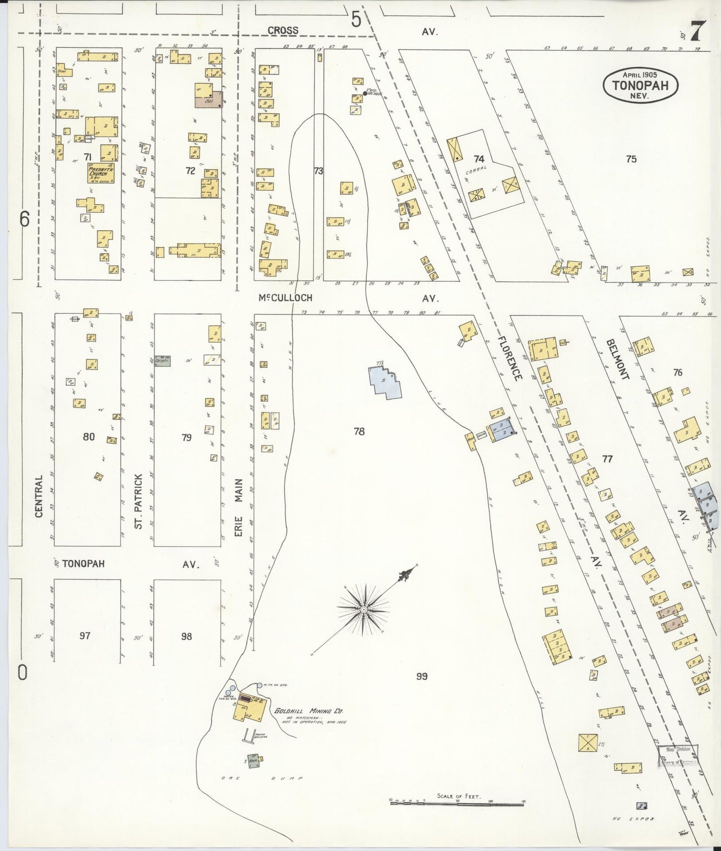 Sanborn Fire Insurance Map from Tonopah, Nye County, Nevada (1905), Sheet #0007 - Complete Map Set gallery image, historic Sanborn map, vintage wall art, Nevada Nevada