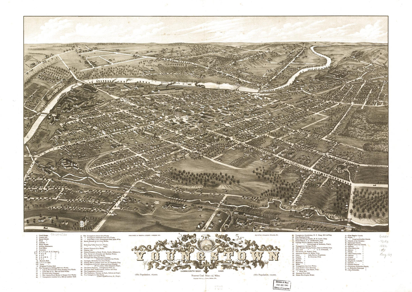 Panoramic view of the city of Youngstown, county seat of Mahoning Co., Ohio 1882. (1882) – Historic Bird’s-Eye View Panorama Print