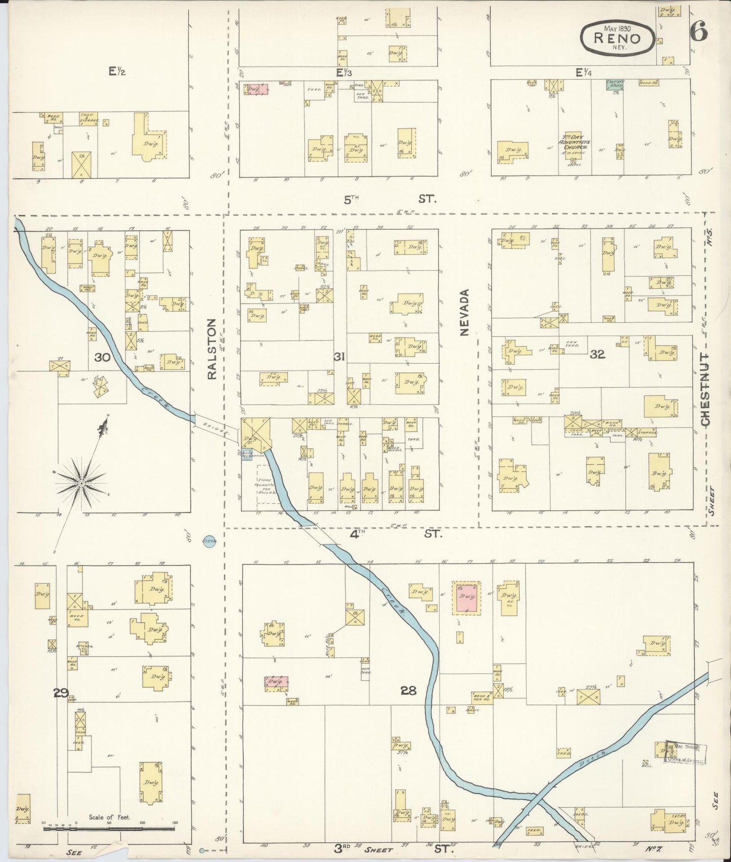 Sanborn Fire Insurance Map from Reno, Washoe County, Nevada (1890), Sheet #0006 - Historic Sanborn Fire Insurance Map Print, vintage old map wall art, antique decor, genealogy gift, Nevada Nevada map