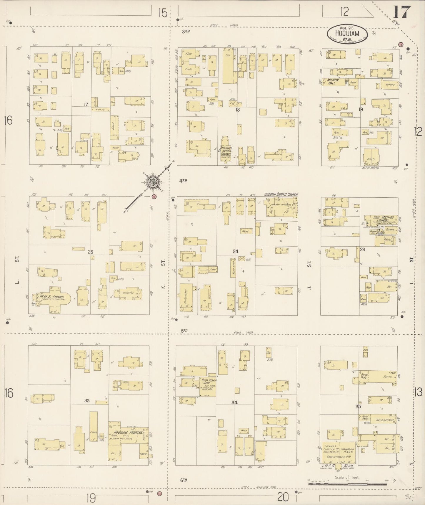 Sanborn Fire Insurance Map from Hoquiam, Grays Harbor County, Washington (1916), Sheet #0017 - Historic Sanborn Fire Insurance Map Print, vintage old map wall art, antique decor, genealogy gift, Washington Washington map