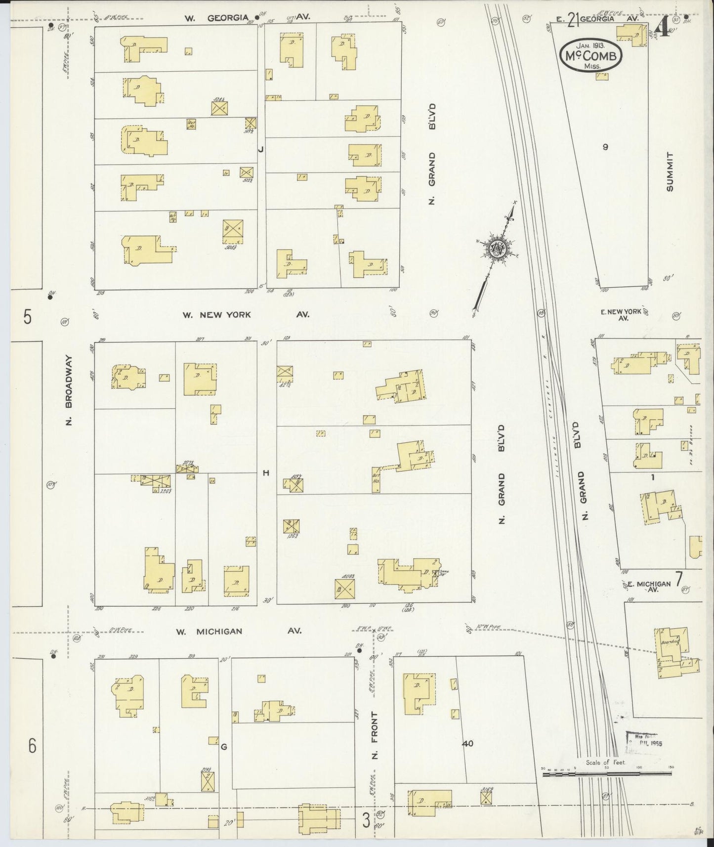Sanborn Fire Insurance Map from McComb, Pike County, Mississippi (1913), Sheet #0004 - Historic Sanborn Fire Insurance Map Print, vintage old map wall art, antique decor, genealogy gift, Mississippi Mississippi map