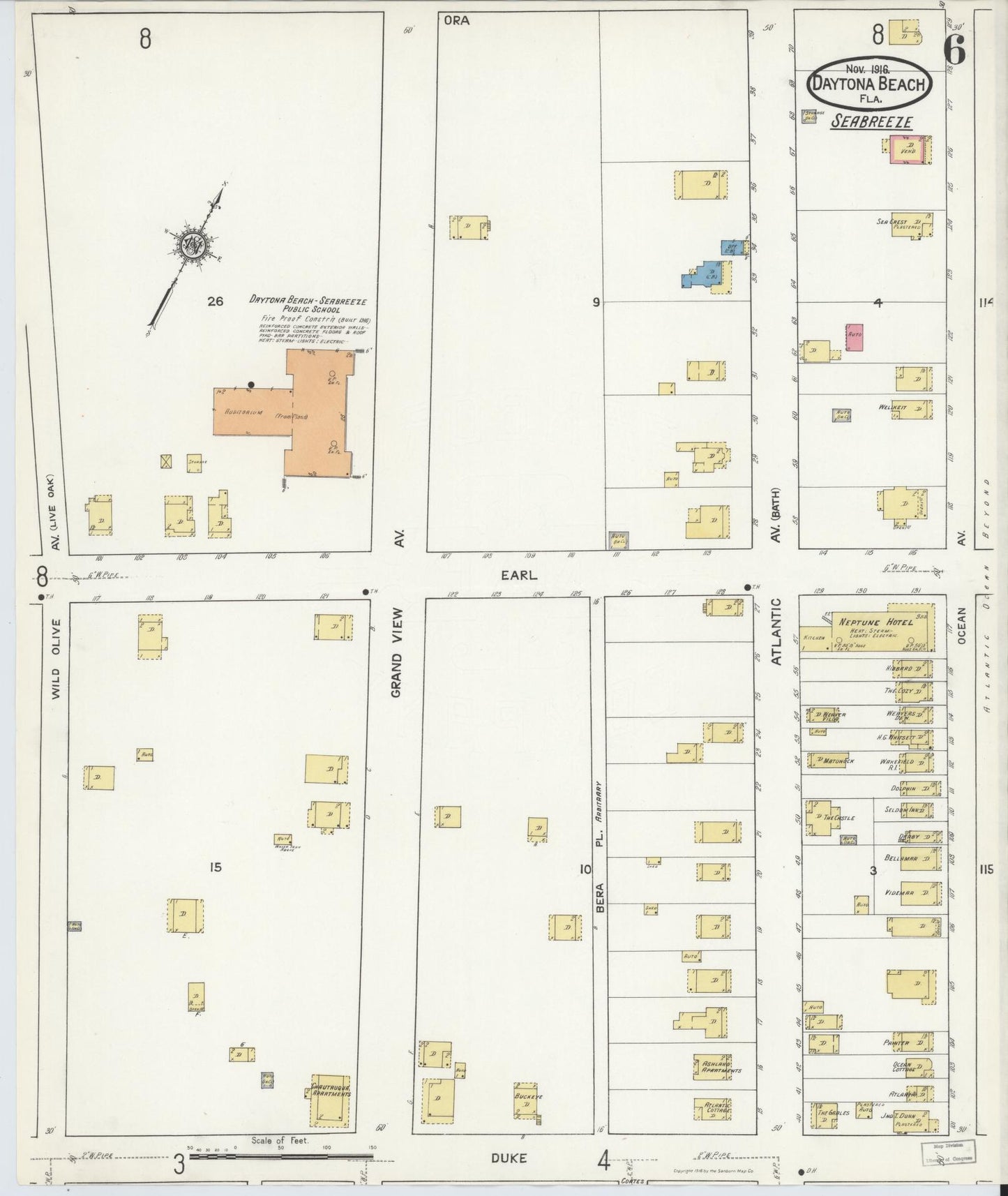 Sanborn Fire Insurance Map from Daytona Beach, Volusia County, Florida (1916), Sheet #0006 - Historic Sanborn Fire Insurance Map Print, vintage old map wall art, antique decor, genealogy gift, Florida Florida map