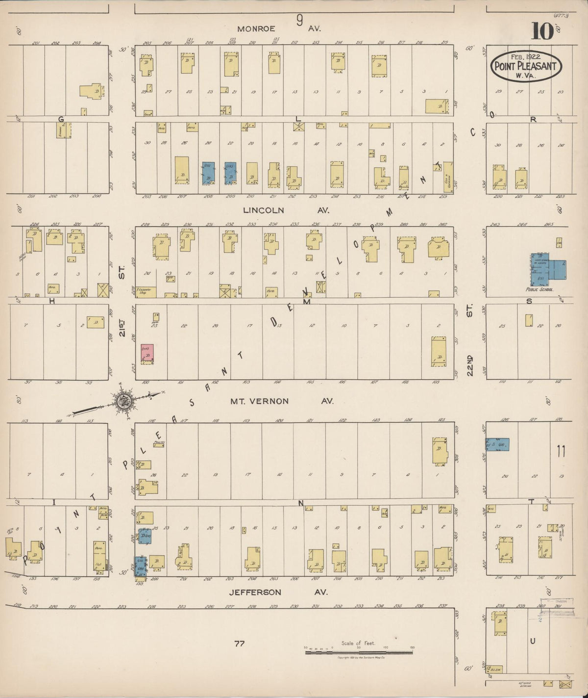 Sanborn Fire Insurance Map from Point Pleasant, Mason County, West Virginia (1922), Sheet #0010 - Historic Sanborn Fire Insurance Map Print, vintage old map wall art, antique decor, genealogy gift, West Virginia West Virginia map