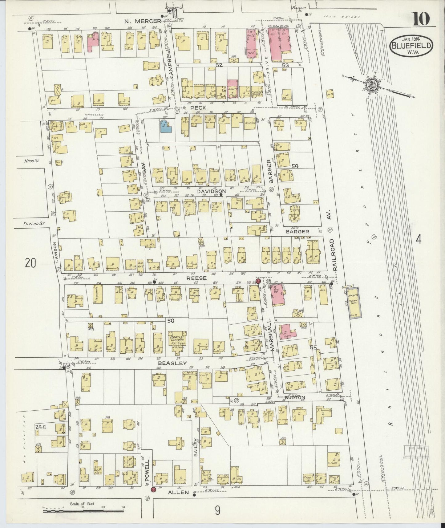 Sanborn Fire Insurance Map from Bluefield, Mercer County, West Virginia (1914), Sheet #0010 - Historic Sanborn Fire Insurance Map Print, vintage old map wall art, antique decor, genealogy gift, West Virginia West Virginia map
